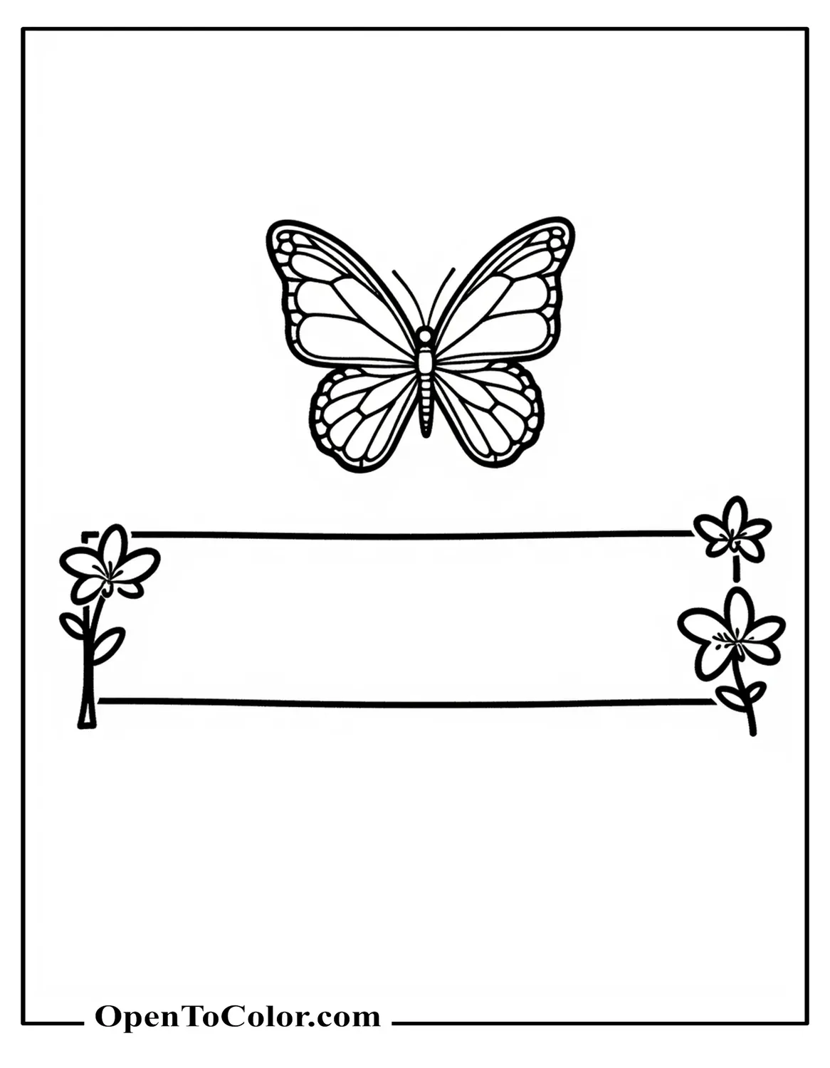 Free Coloring Page Featuring One Butterfly Centered Above a Blank Title Banner