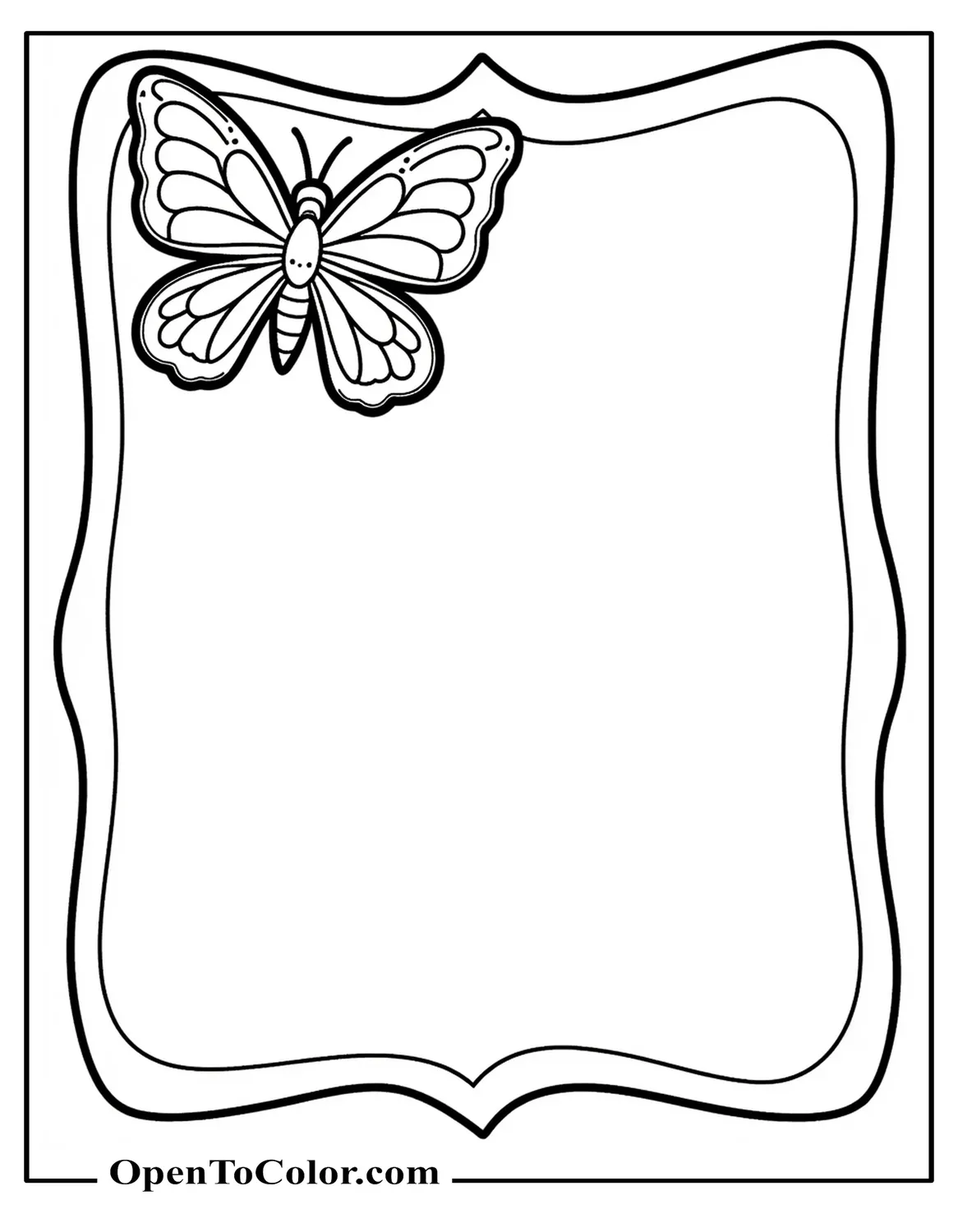 Cartoon Butterfly Hovering Above A Bordered Printable Coloring Sheet, Ready For Coloring