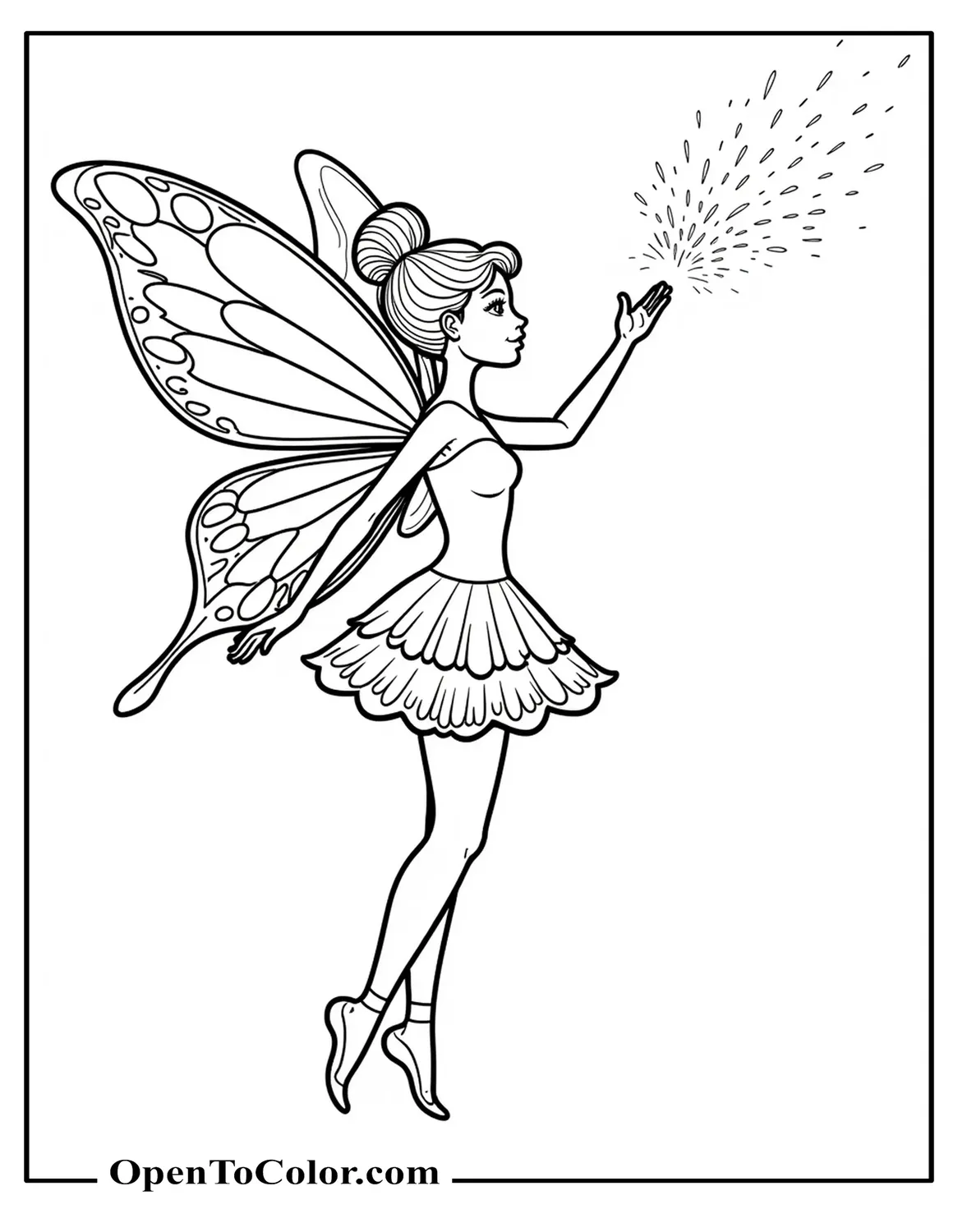 Free Coloring Sheet of Fairy With Delicate Butterfly Wings Sprinkling Shimmering Dust