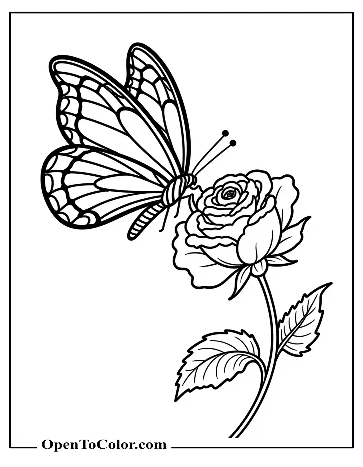 Butterfly Sipping Nectar From A Blooming Rosebud Coloring Page PDF