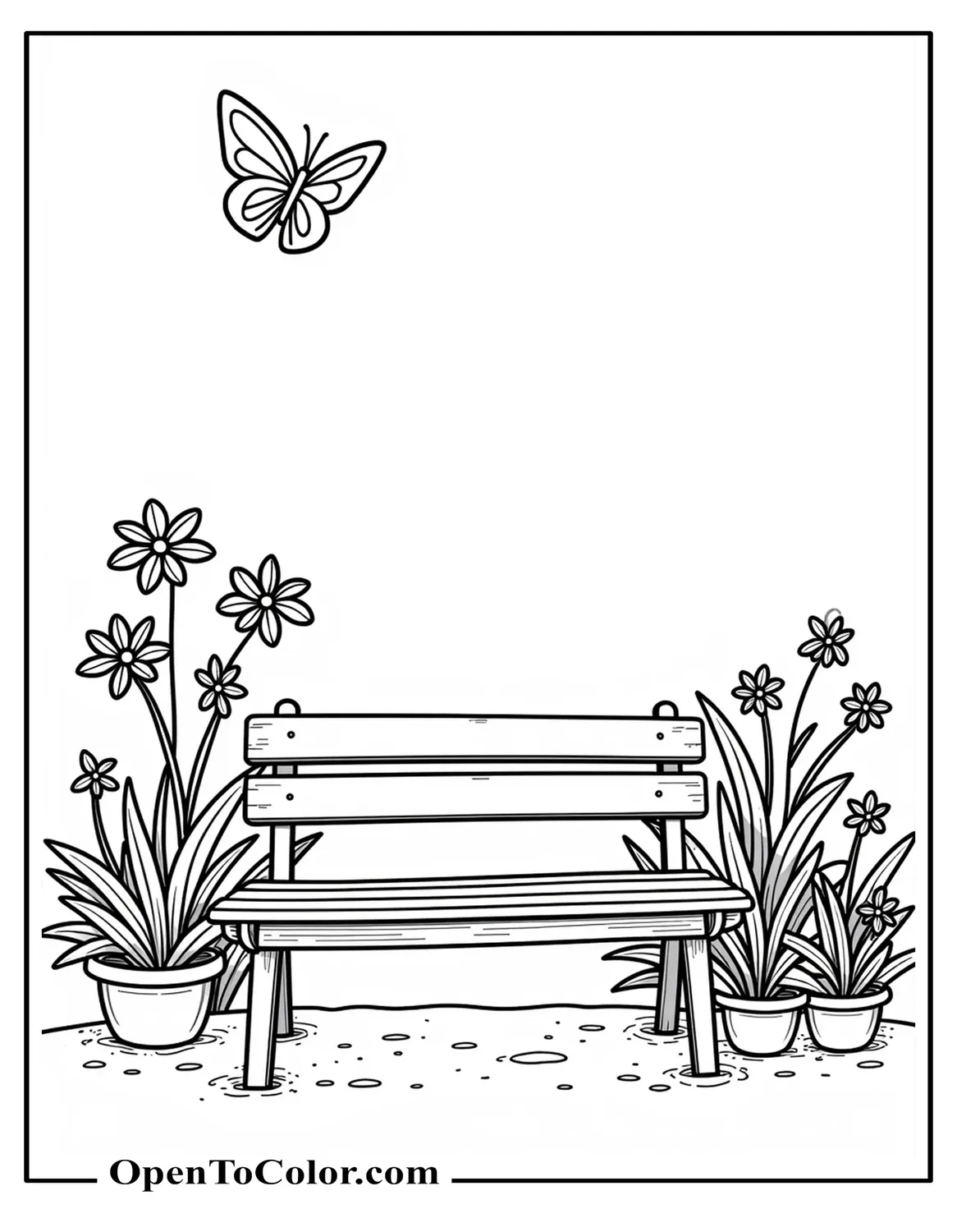 Butterfly Garden Scene With A Bench And Potted Plants Behind, Coloring Sheet PDF