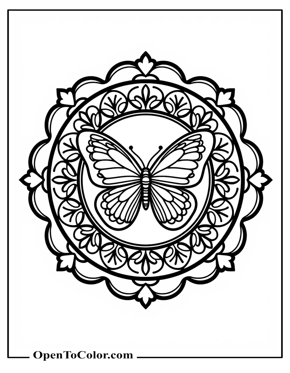Butterfly set inside an ornate circular mandala coloring page printable