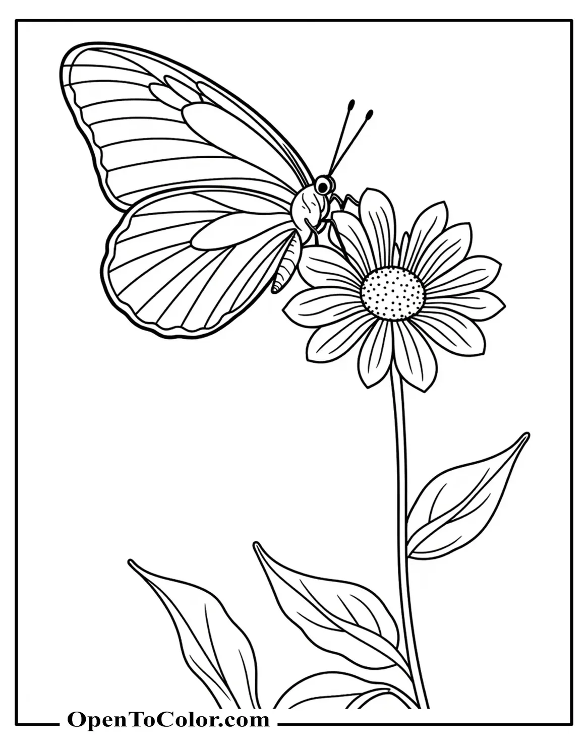 Butterfly balanced delicately on a tall wildflower stem, printable coloring page.