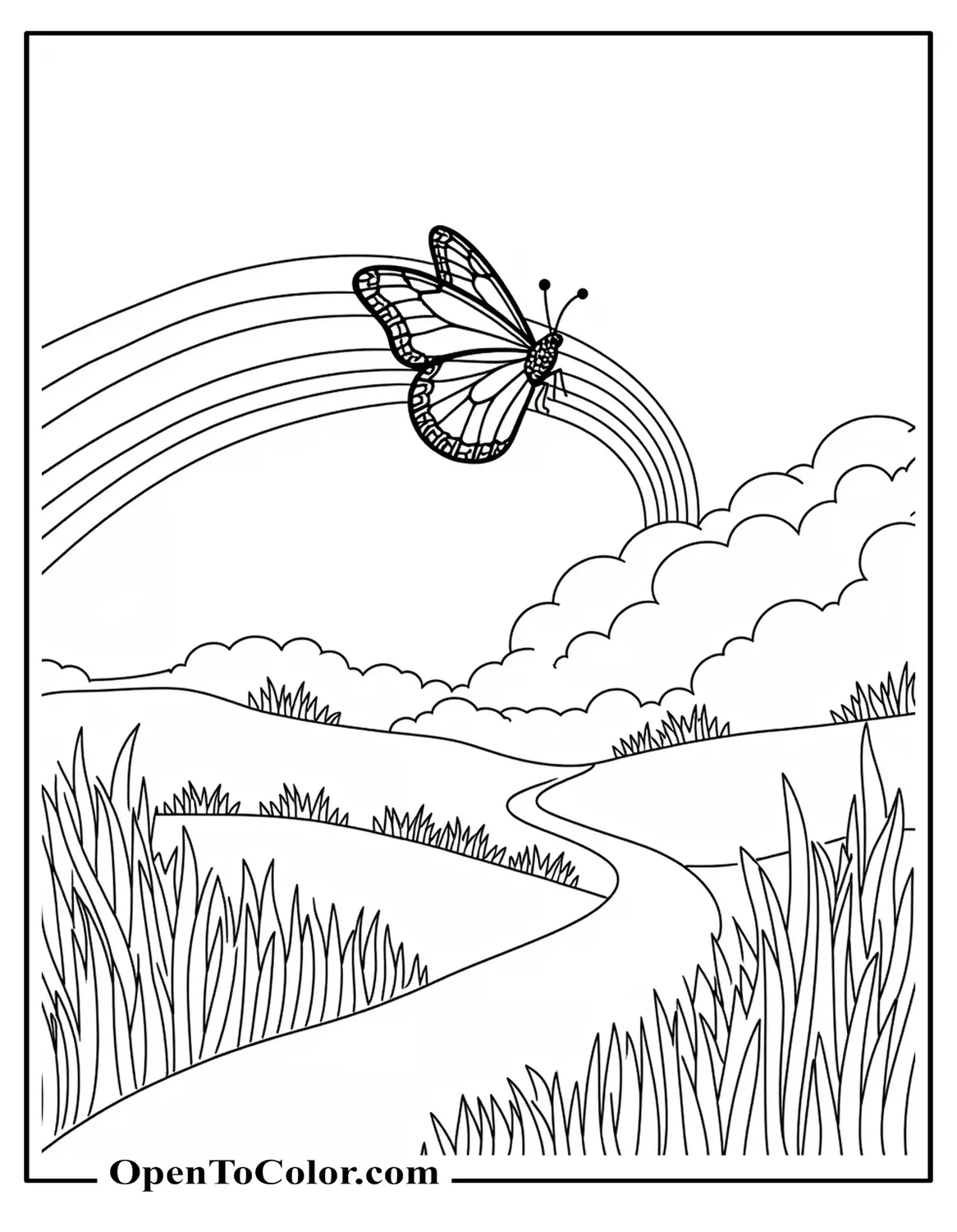 Free Coloring Page of a Butterfly Leaping Through a Curved Rainbow Arc Outline