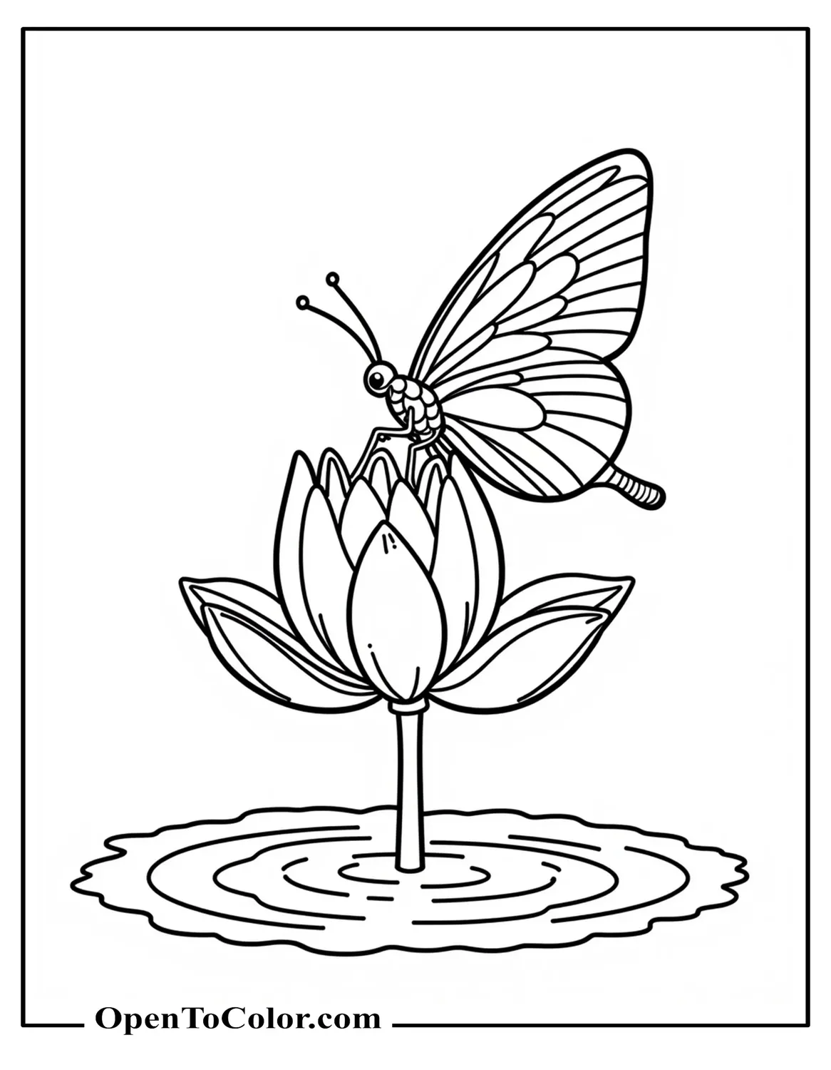 Butterfly Resting On An Open Lotus Bloom Above Gentle Ripples Coloring Page PDF