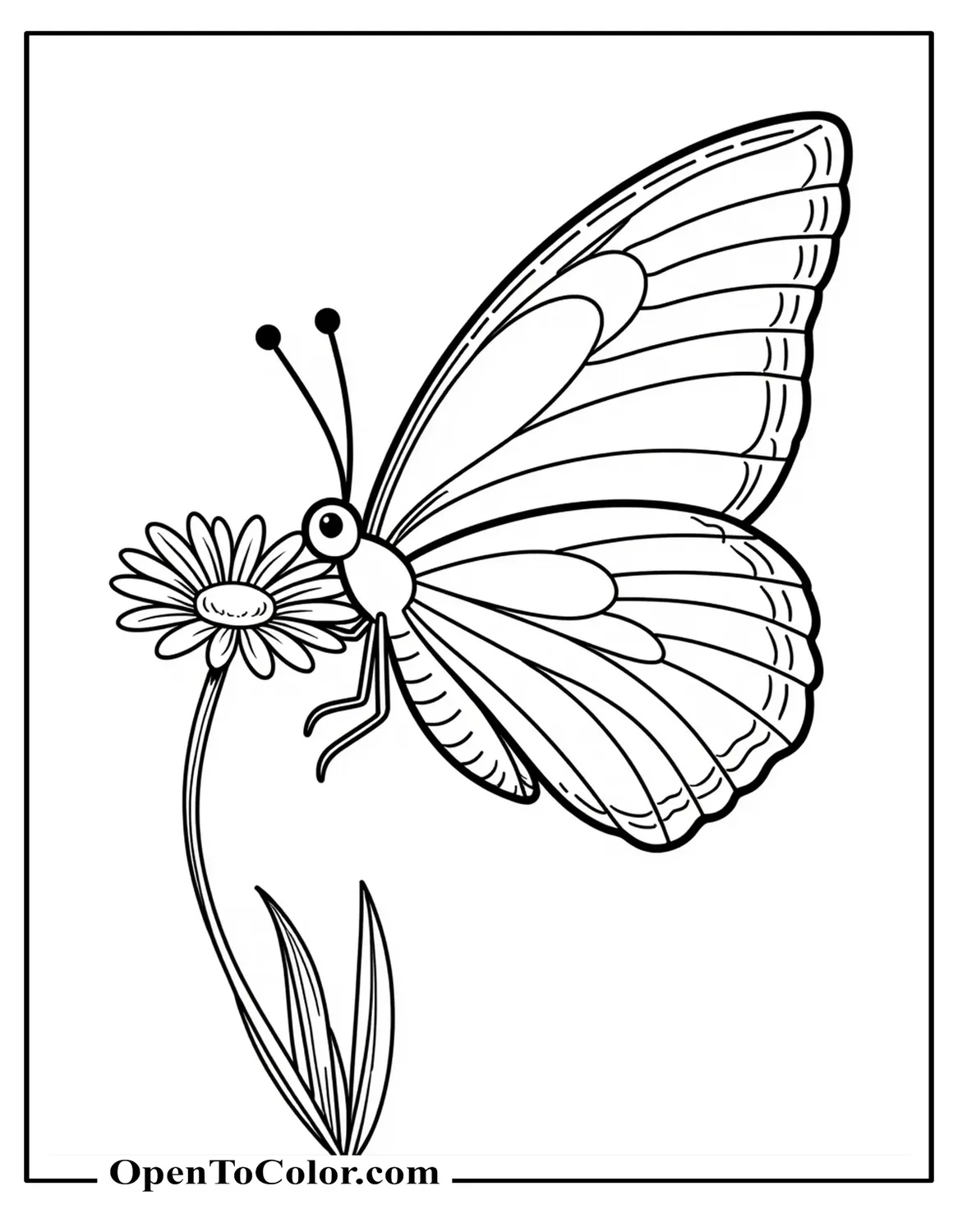 Free Coloring Sheet: Butterfly Holding a Single Daisy Between Its Forelegs