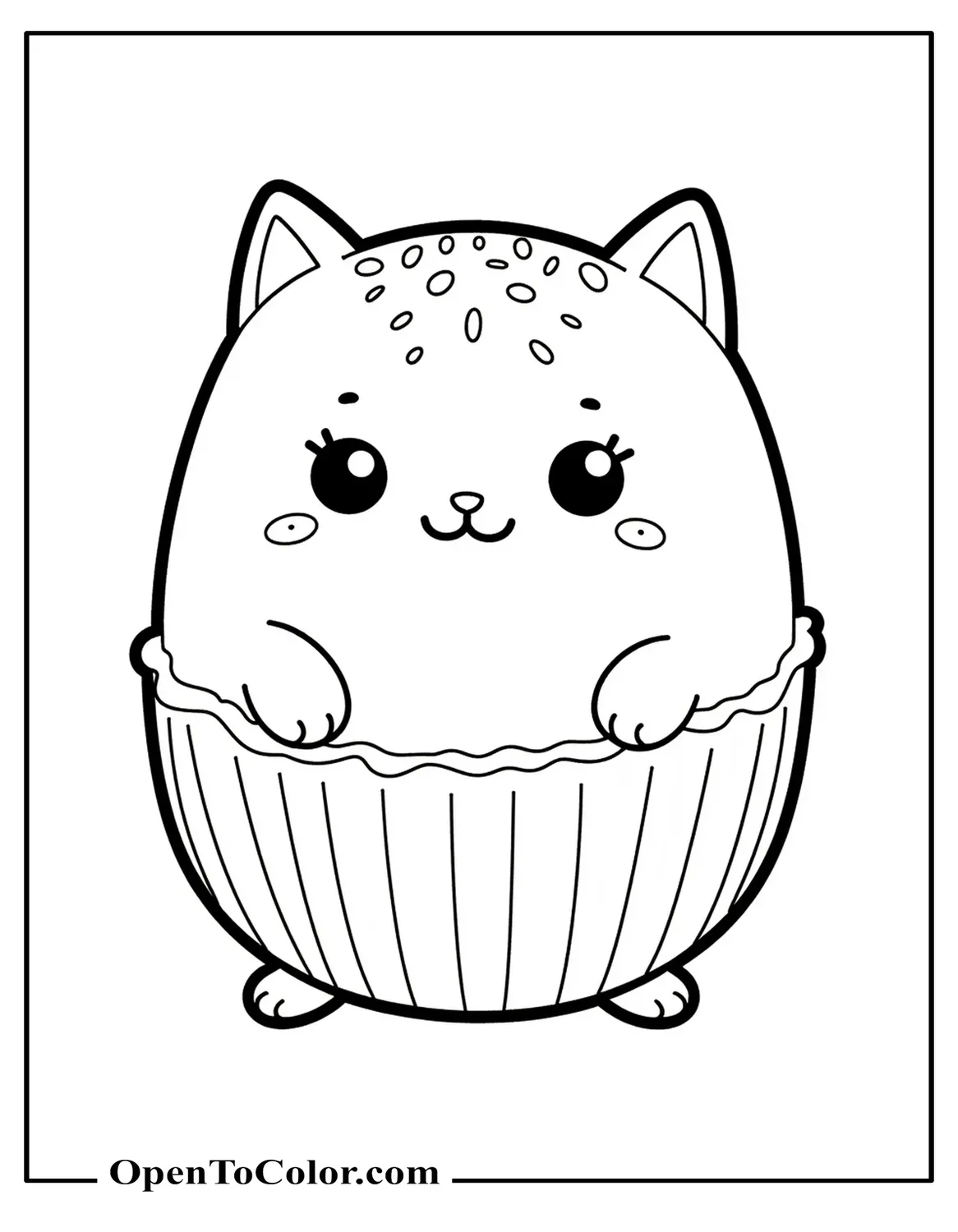 A small Squishmallow plushie style cartoon cat with a round cupcake liner body with legs and hands sticking out, small paws on hands, vertical sprinkles on top of its head, and a big smiling face, free coloring page.