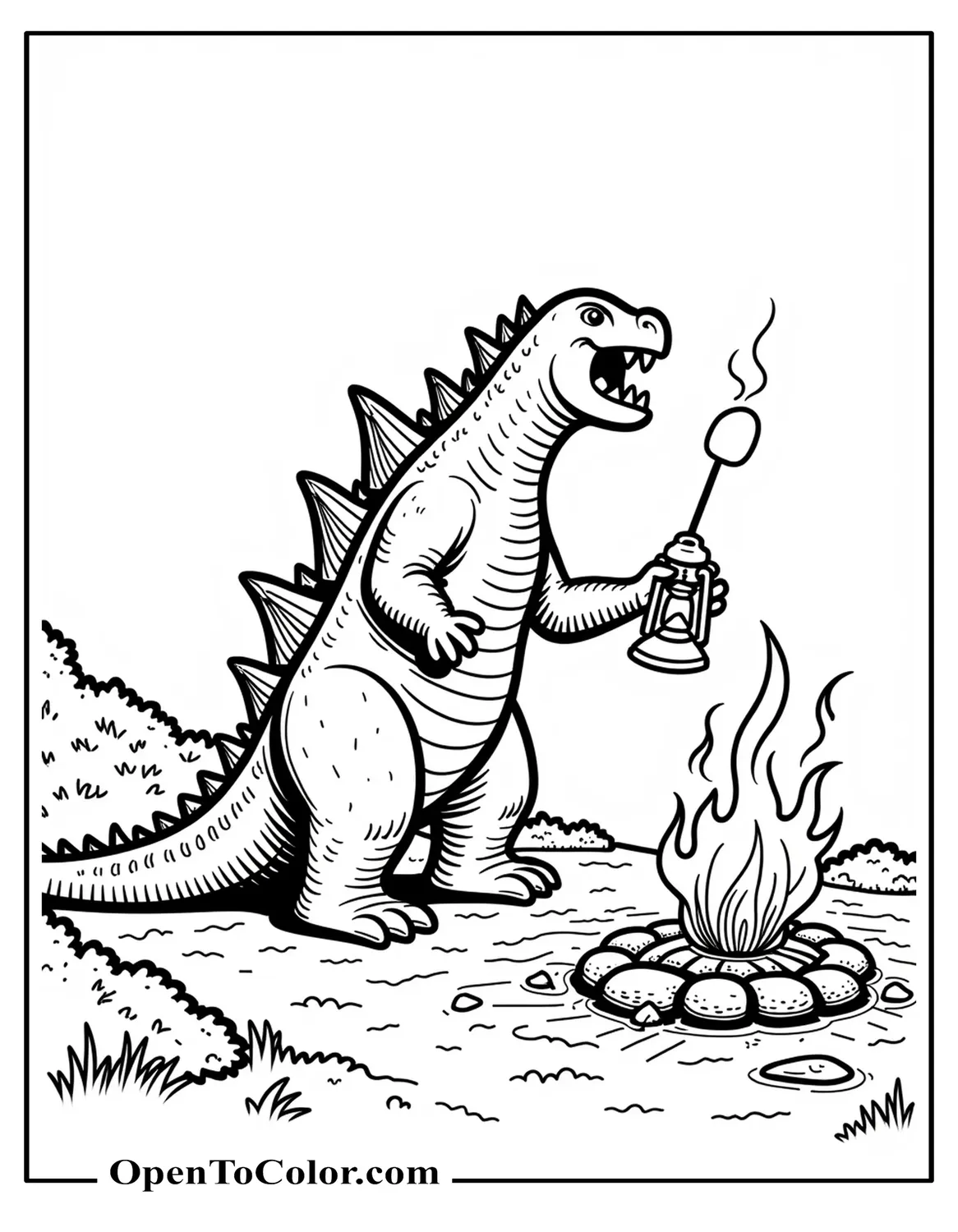 Free Coloring Page: Godzilla Camping with a Lantern, Roasting Marshmallows on an Atomic Flame