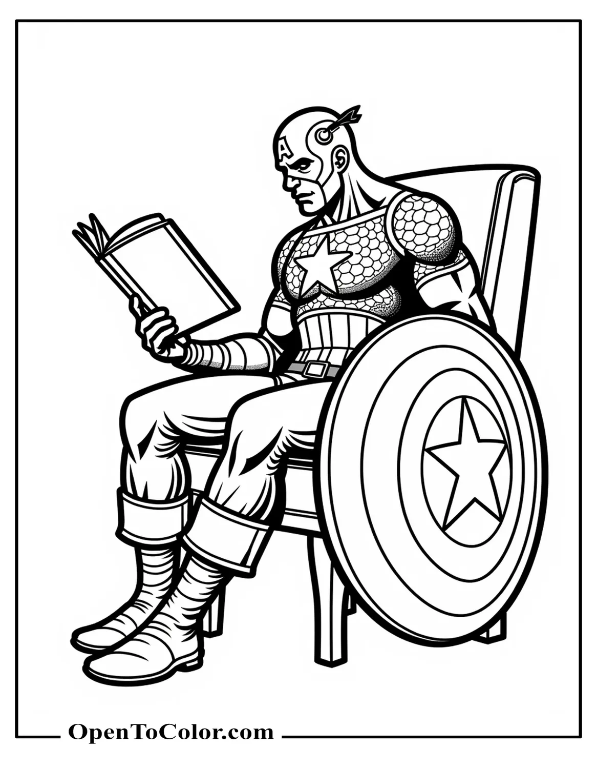 Captain America reading an open comic book, shield leaning against a chair, coloring page PDF.