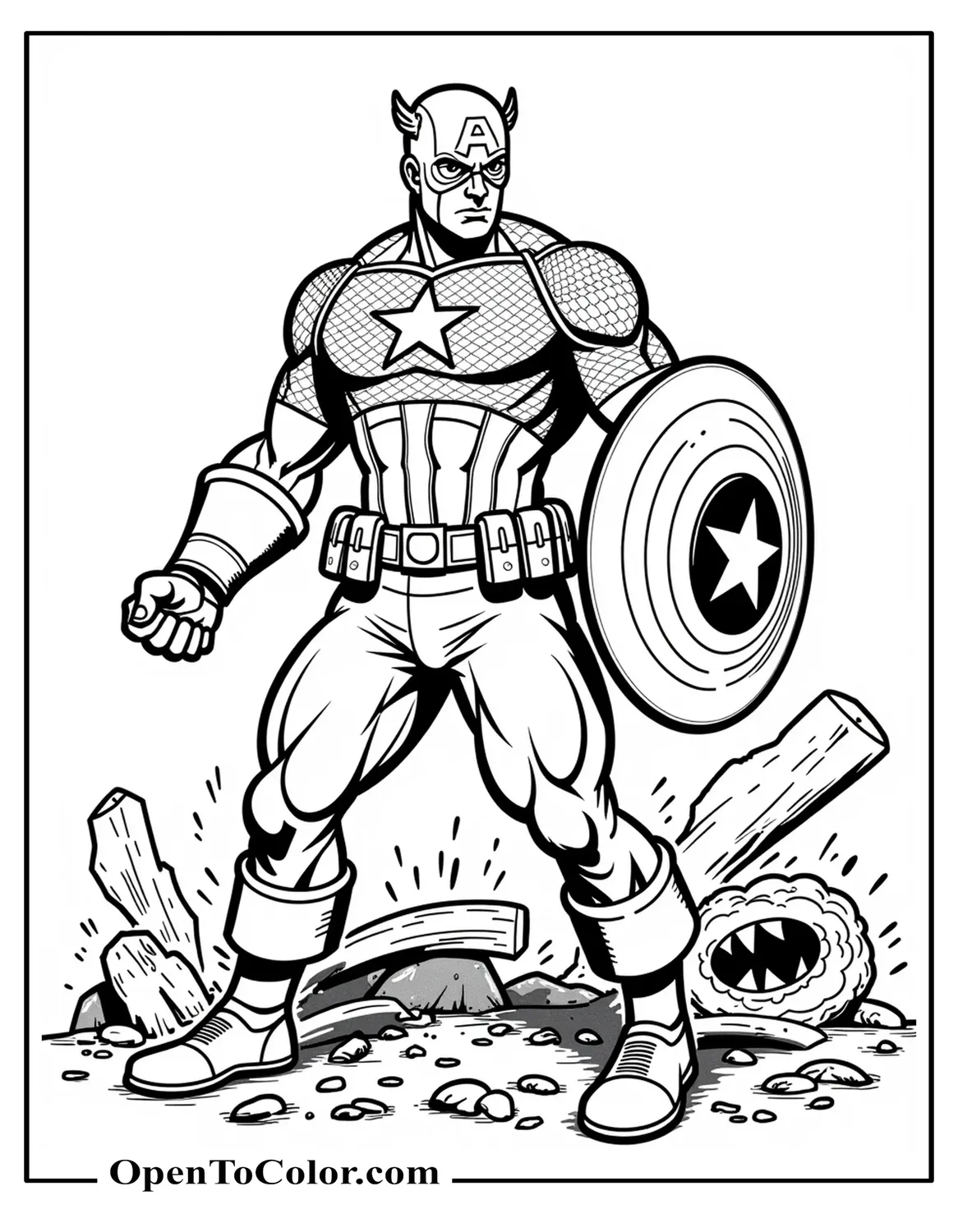 Free Captain America Coloring Sheet, Ready to Fight, Fists Clenched, Battlefield Debris Behind Him