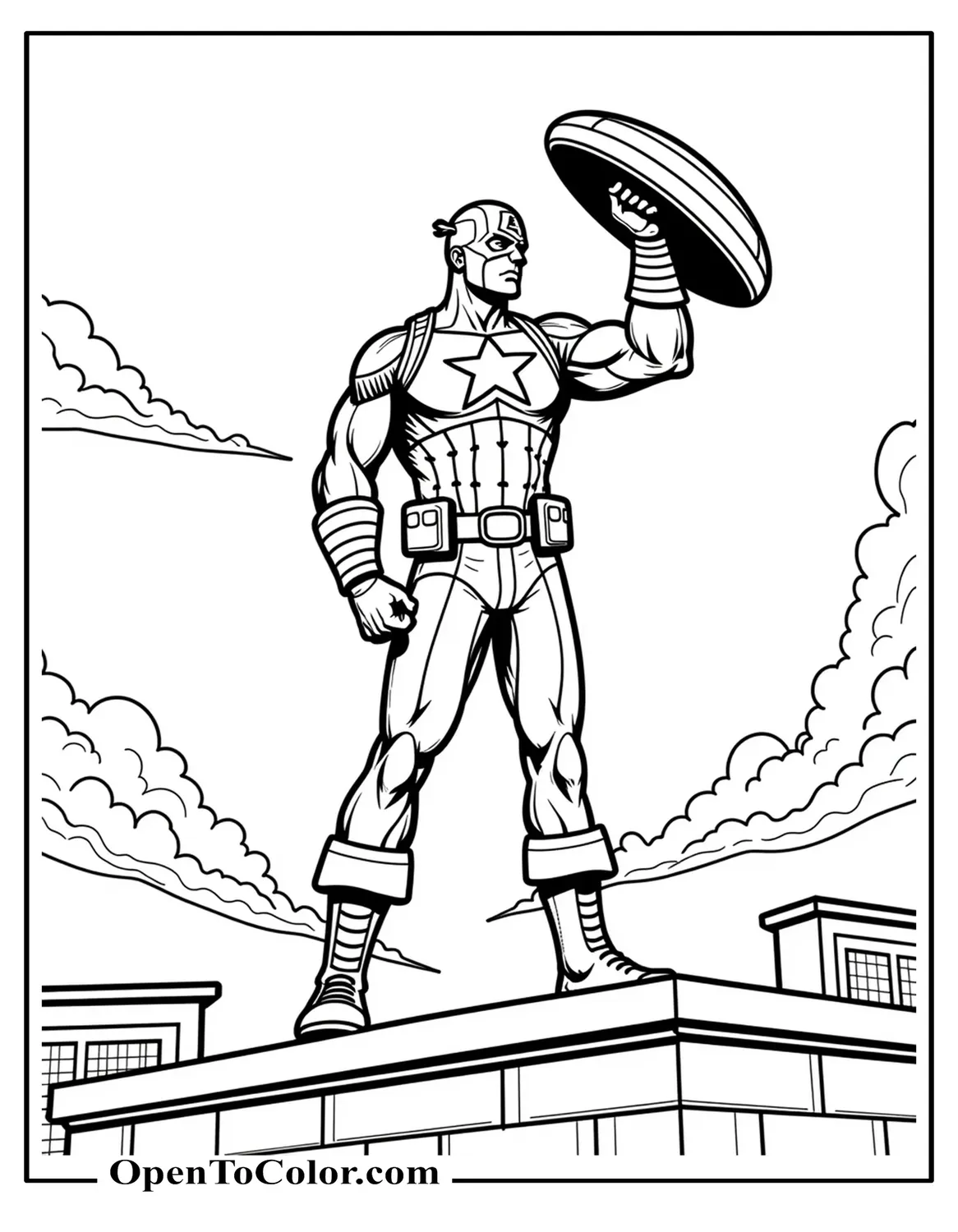 Captain America standing heroically on a rooftop at sunrise, detailed shield raised high, coloring page PDF.