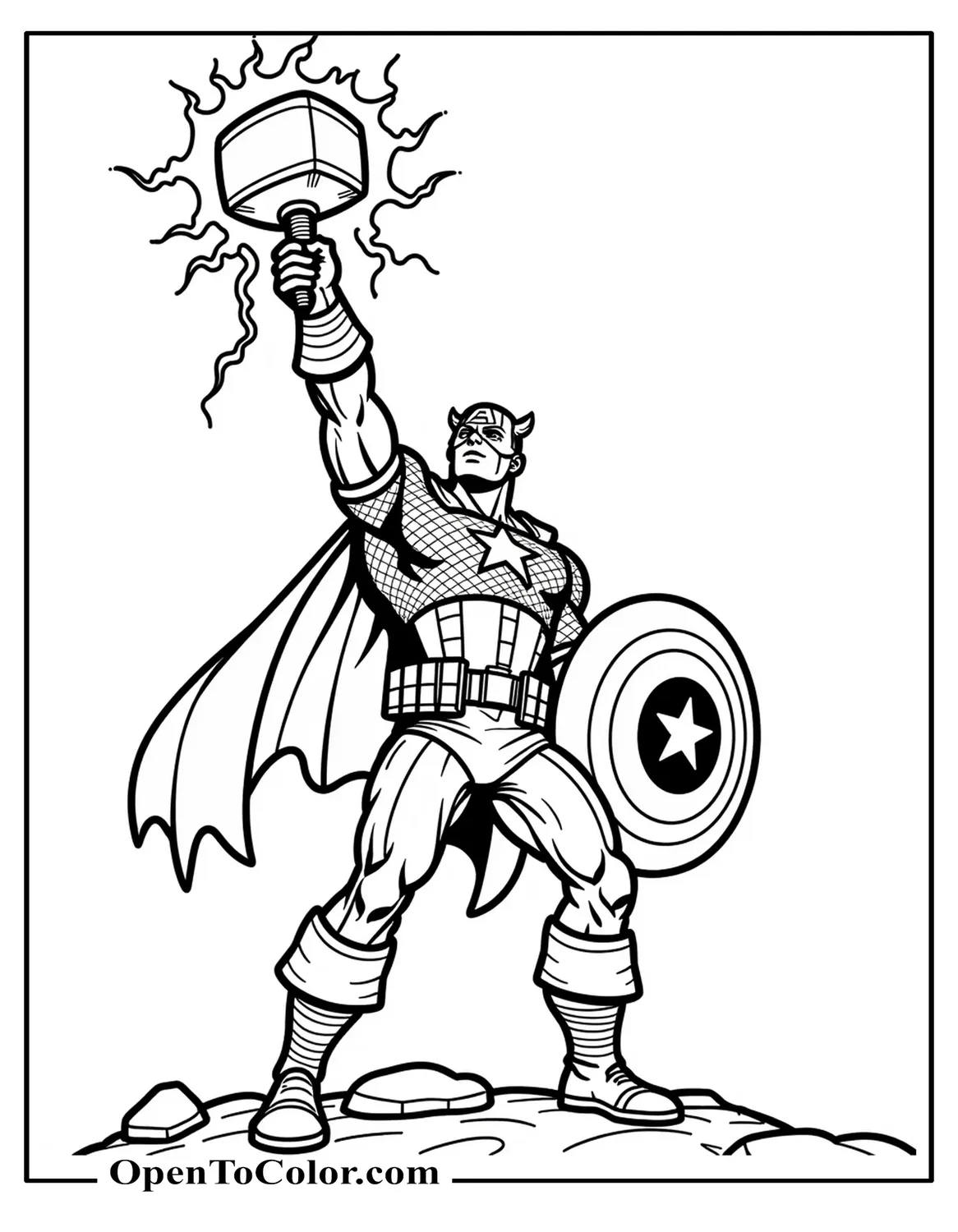 Captain America Lifting Thor’s Hammer Aloft, Coloring Sheet PDF, Lightning Crackling Around Raised Hammer