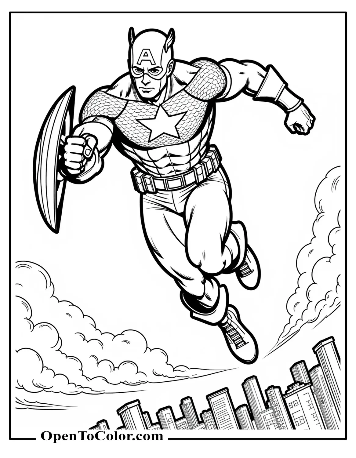 Printable coloring page of Captain America leaping forward mid-air above a city skyline with drifting clouds.