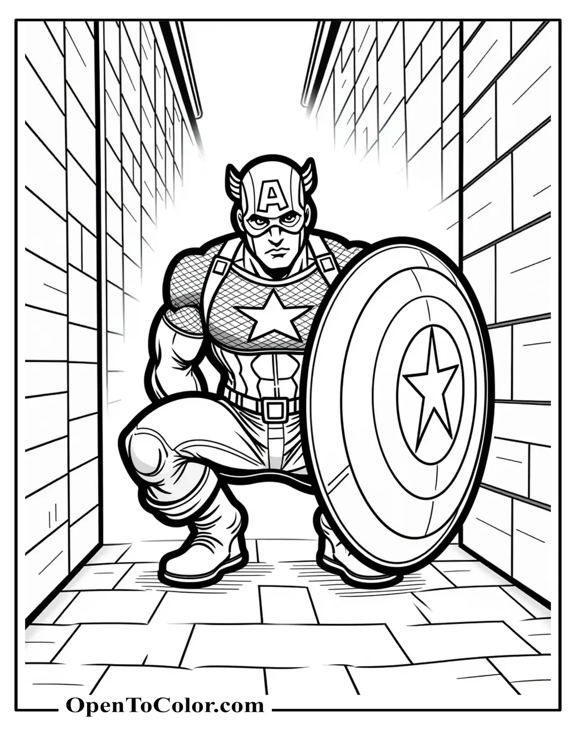 Free Coloring Page of Captain America Crouching Behind Shield Deflecting Bullet Sparks in a Narrow Alley