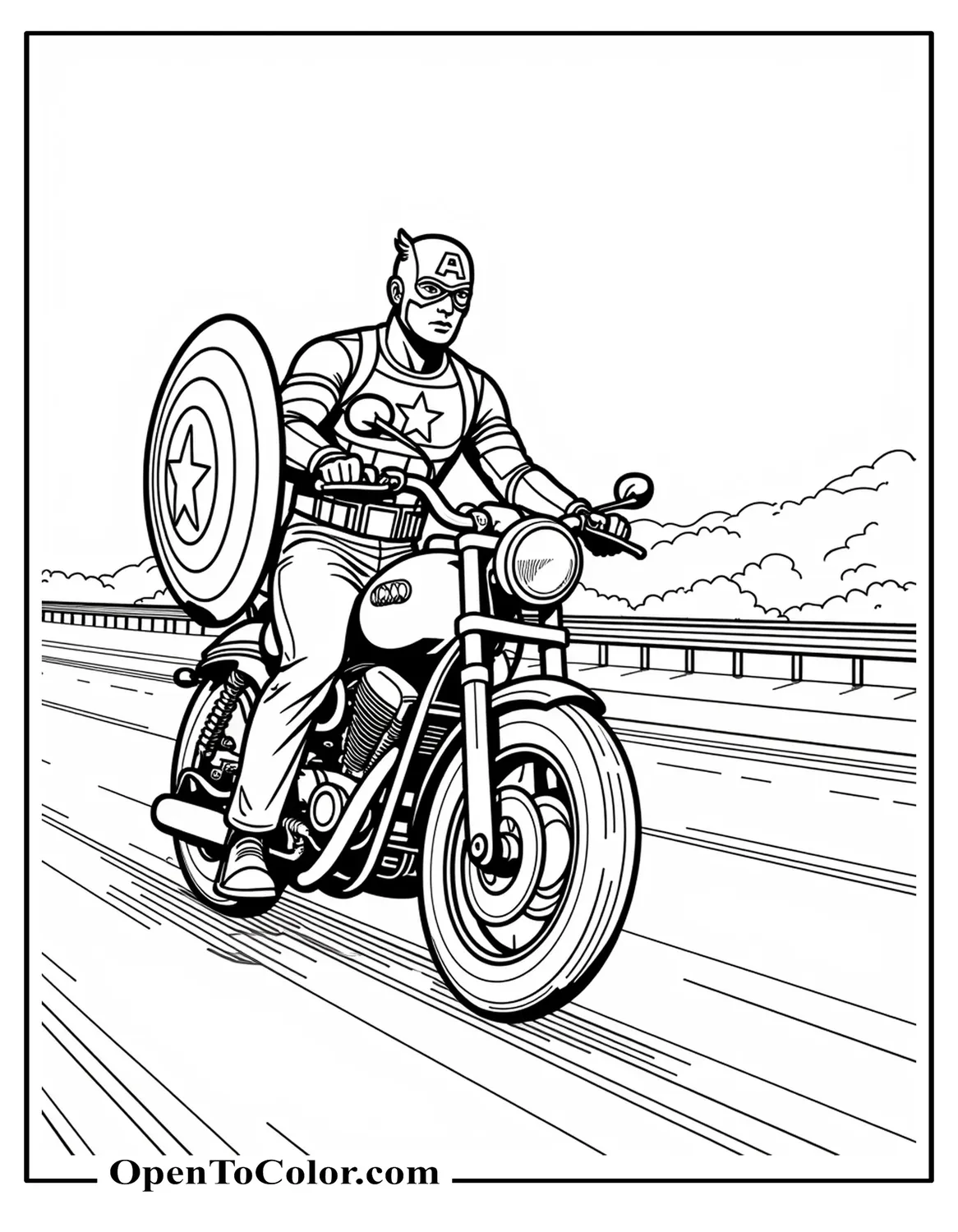 Free Coloring Page of Captain America Riding a Motorcycle Down an Open Highway, Shield Strapped to His Back