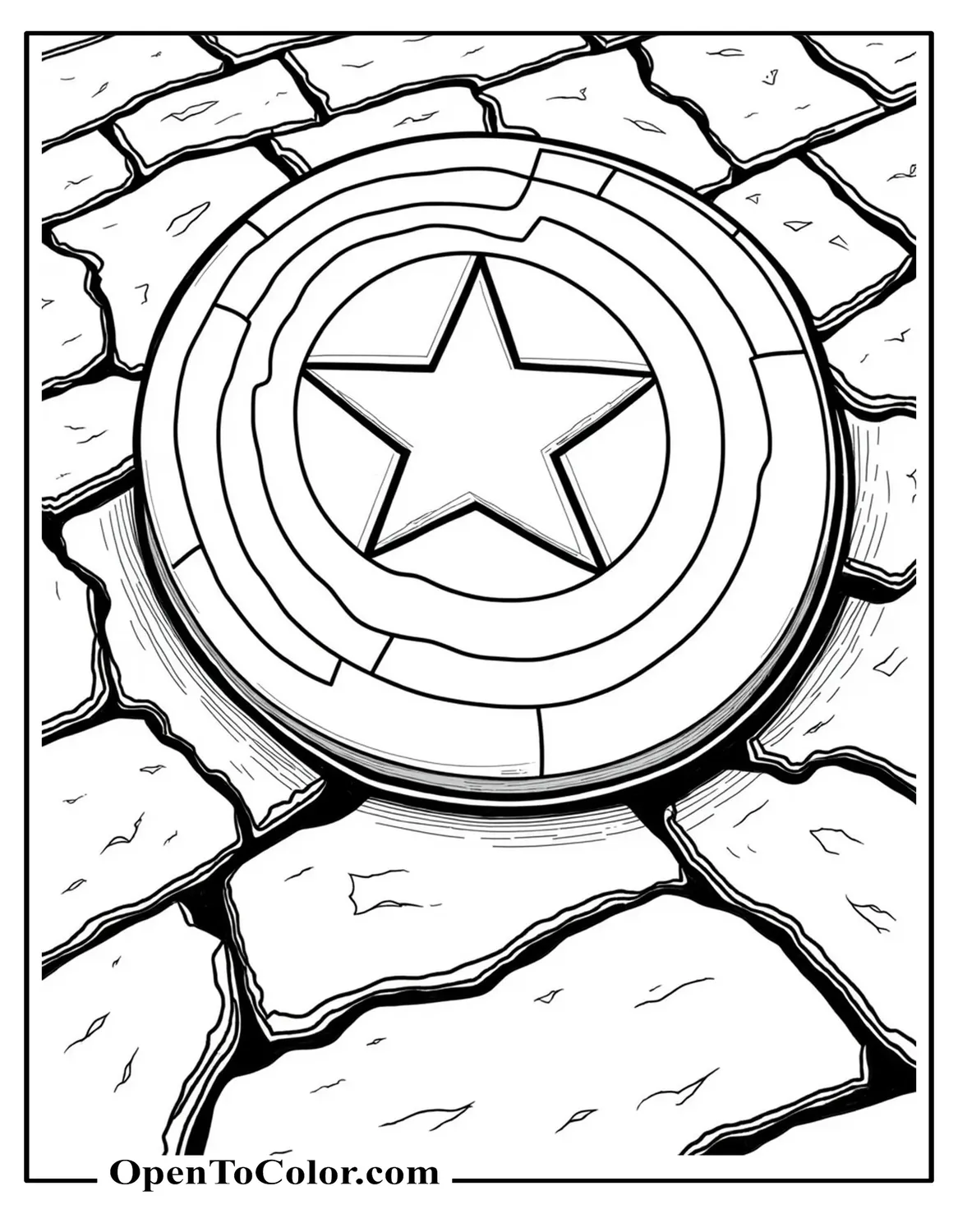 Close-up of Captain America’s shield above a cracked street, printable coloring sheet.