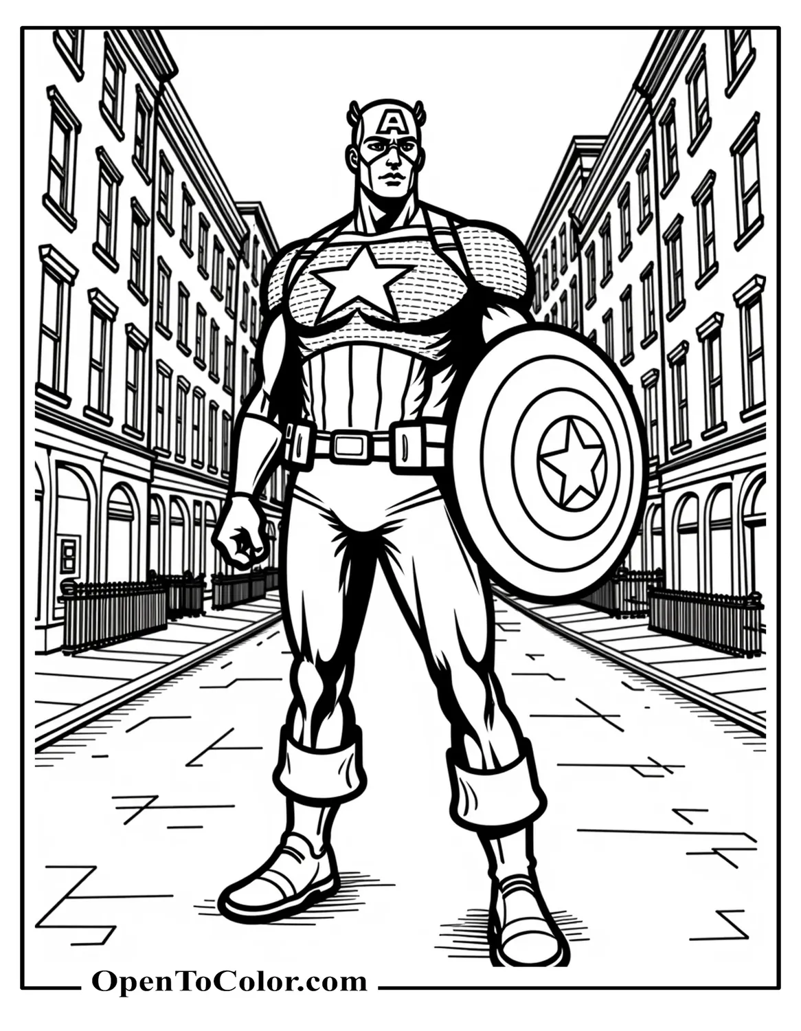 Captain America standing proudly on a Brooklyn street, brownstone buildings behind, coloring sheet PDF.
