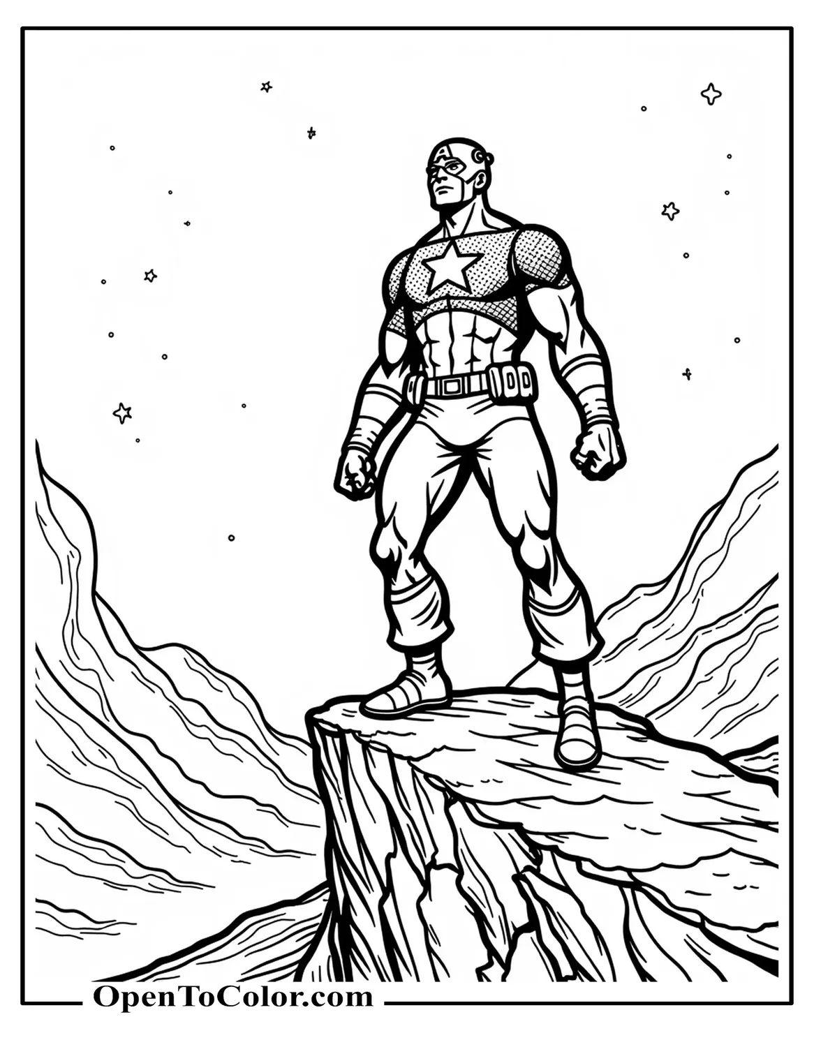 Coloring page PDF of dynamic superhero pose of Captain America on a rocky cliff at night under a starry sky