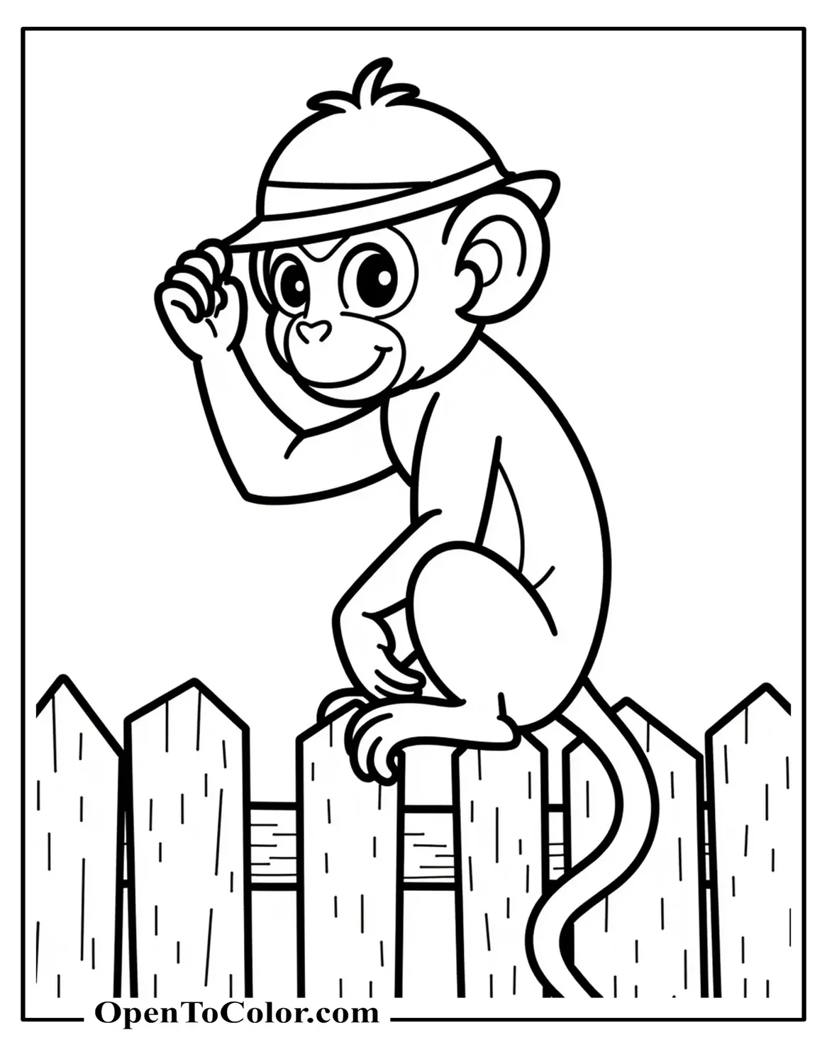 Free Coloring Sheet of Capuchin Monkey Tipping Small Hat While on Fence Post