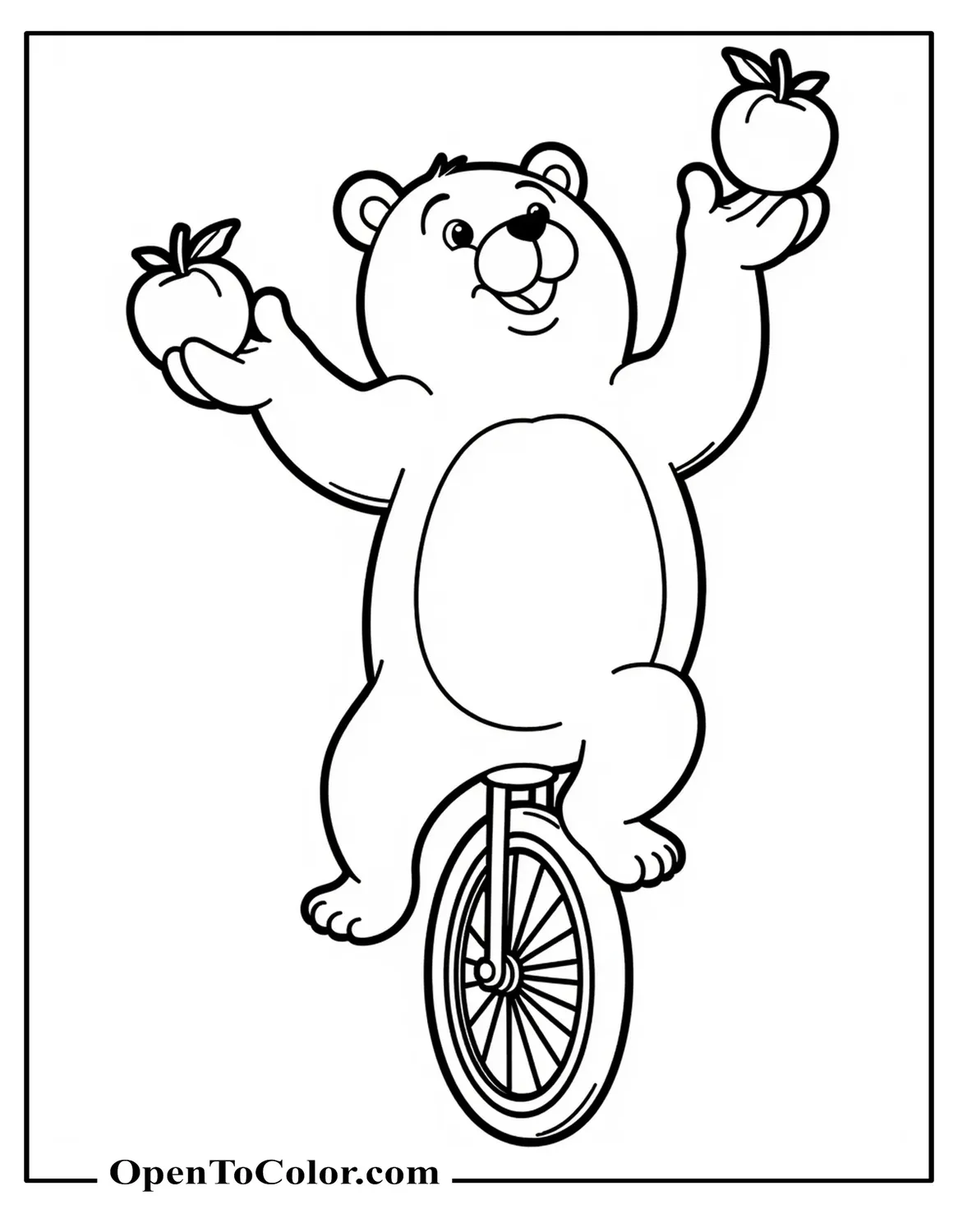 Printable Coloring Sheet of an Animated Bear Riding a Unicycle Juggling Apples