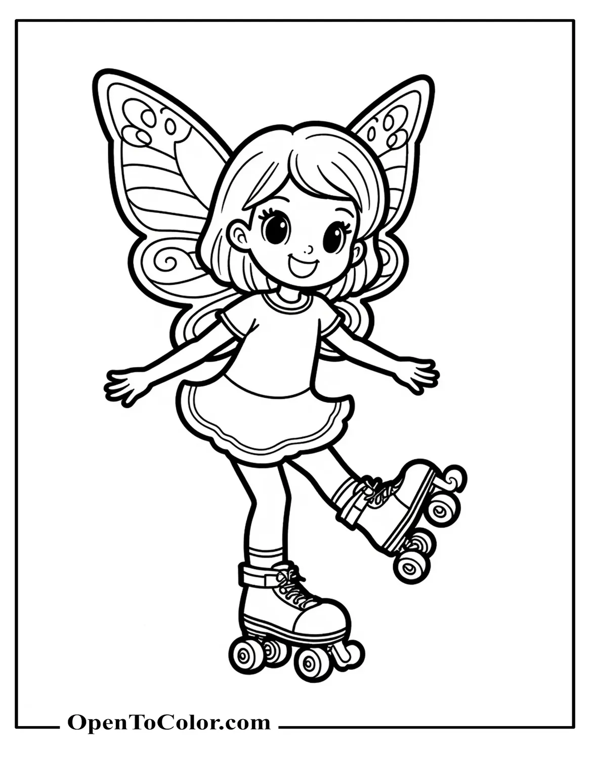 Free Coloring Sheet of Cartoon Character with Butterfly Wings Performing a Trick on Rollerskates