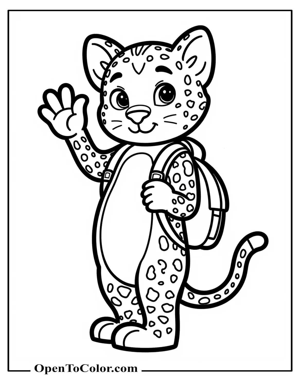 Kid-friendly cartoon jaguar coloring page PDF waving while wearing a school backpack