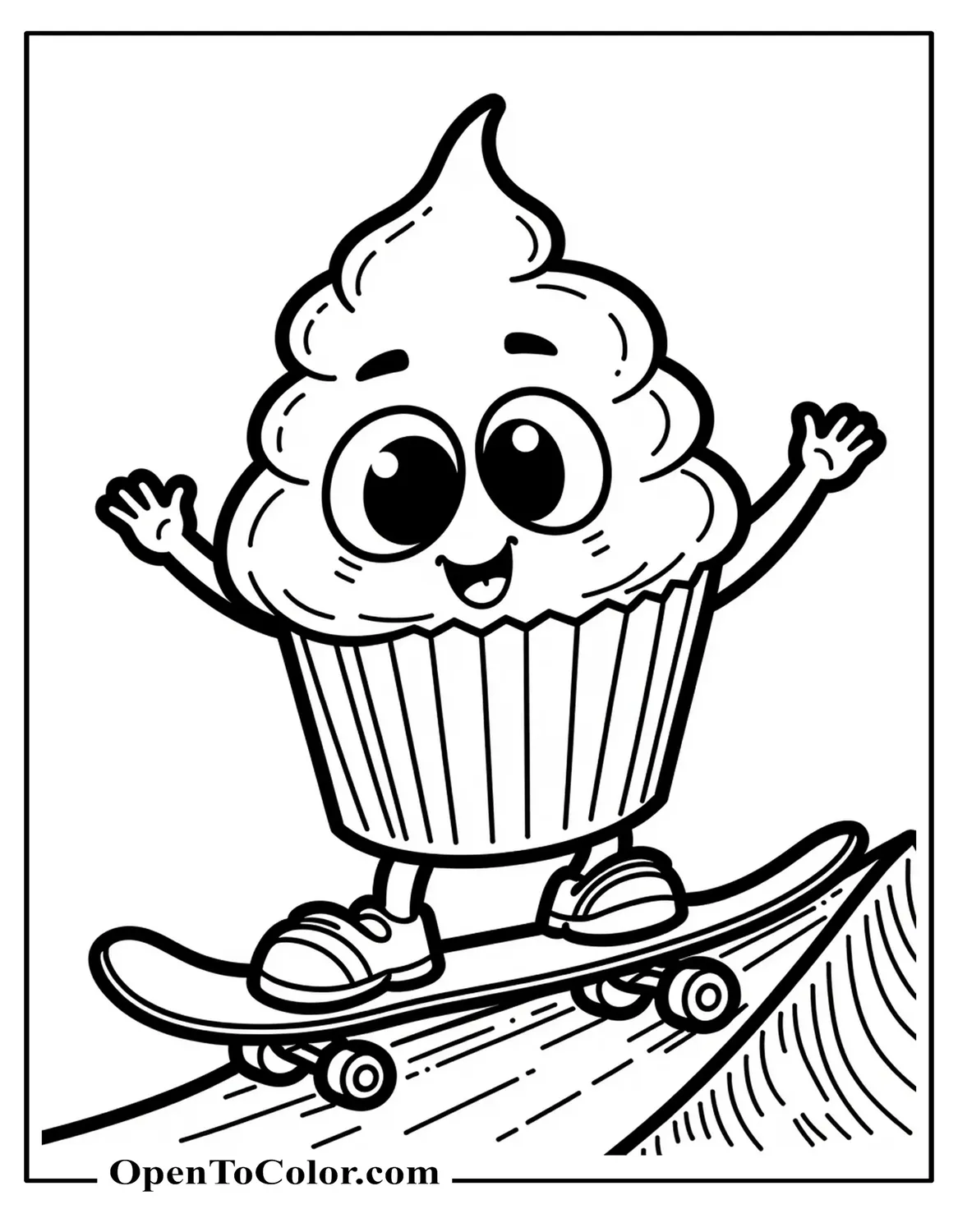 Big-eyed cartoon cupcake coloring page riding a skateboard down a ramp, PDF.