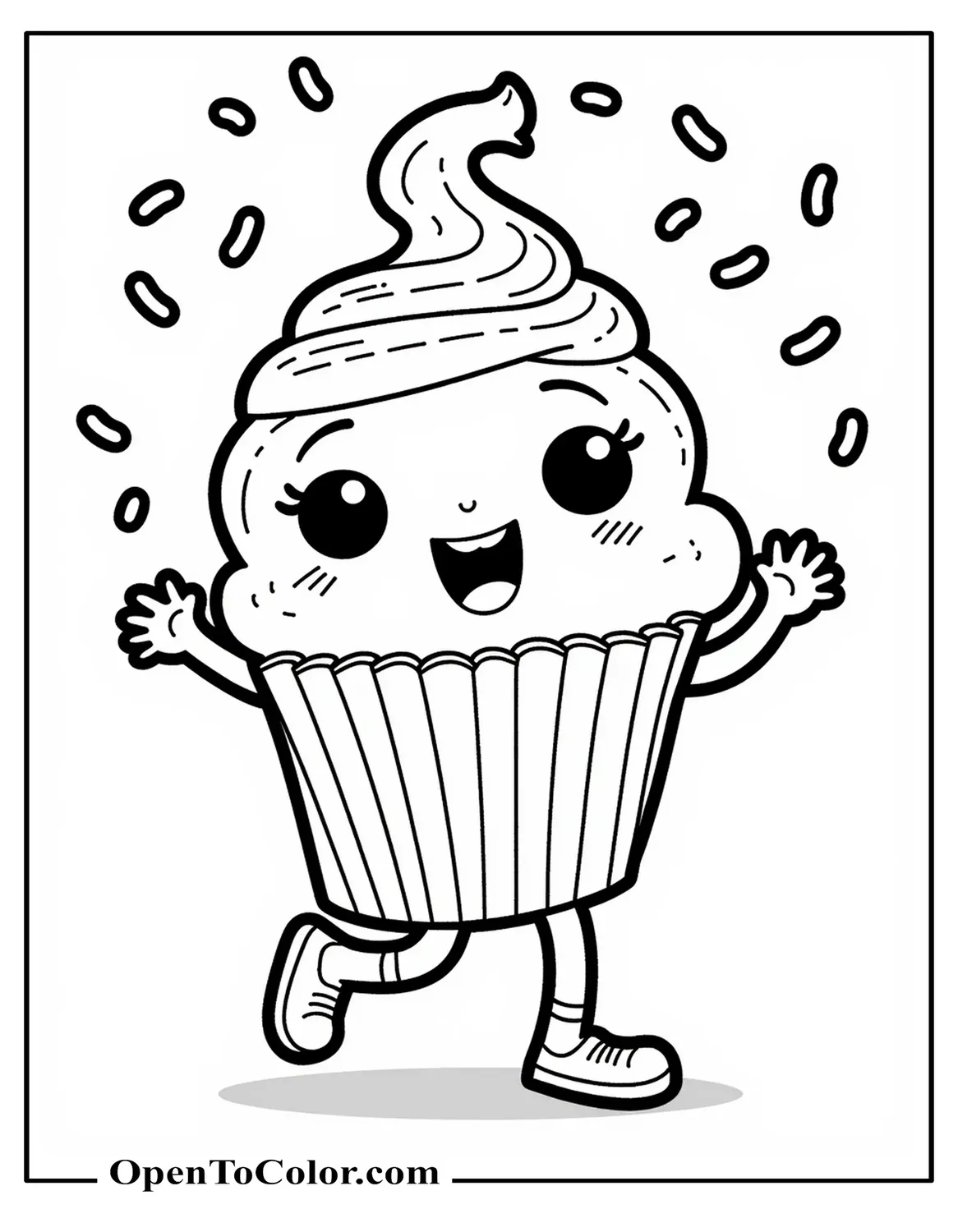Funko Pop Style Cupcake Dancing Under Falling Sprinkles Coloring Page PDF