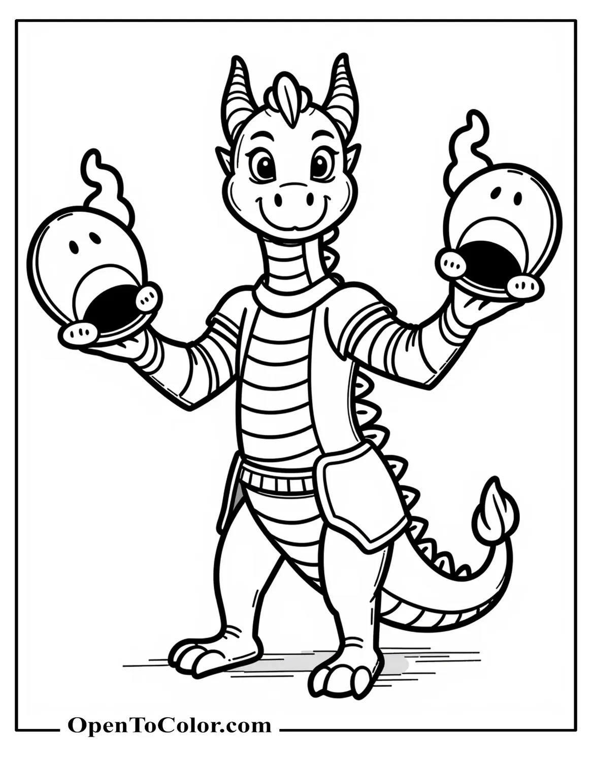 Cartoon dragon juggling knight helmets in midair coloring sheet PDF