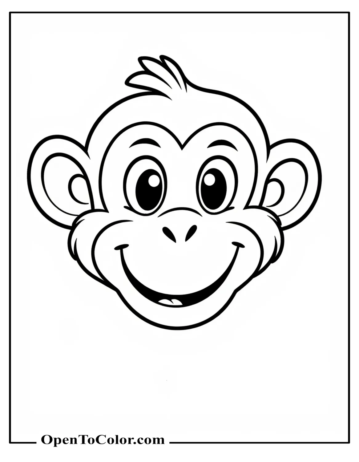 Printable Coloring Sheet of Cartoon Monkey Face with Large Oval Eyes and Wide Grin