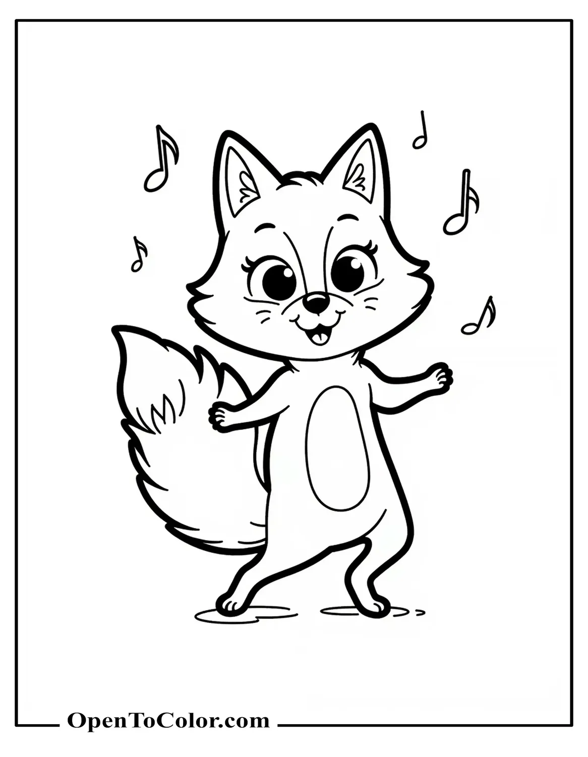Printable coloring page of a cartoon fox dancing with music notes.
