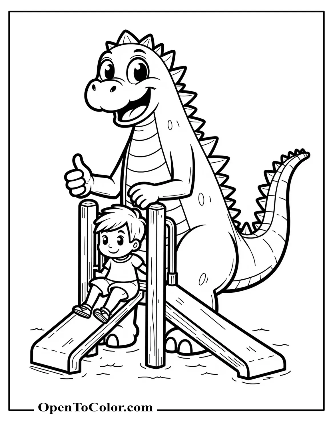 Free Coloring Page of Friendly Godzilla Decorating a Christmas Tree