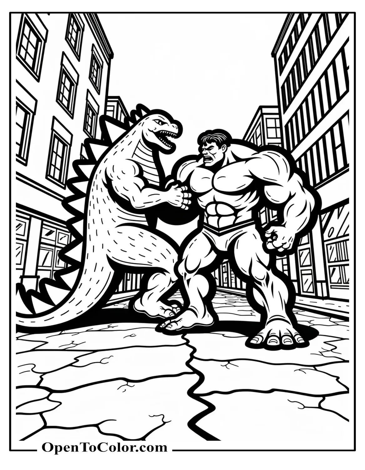 Chibi Godzilla driving a bumper car in an abandoned amusement park coloring sheet PDF