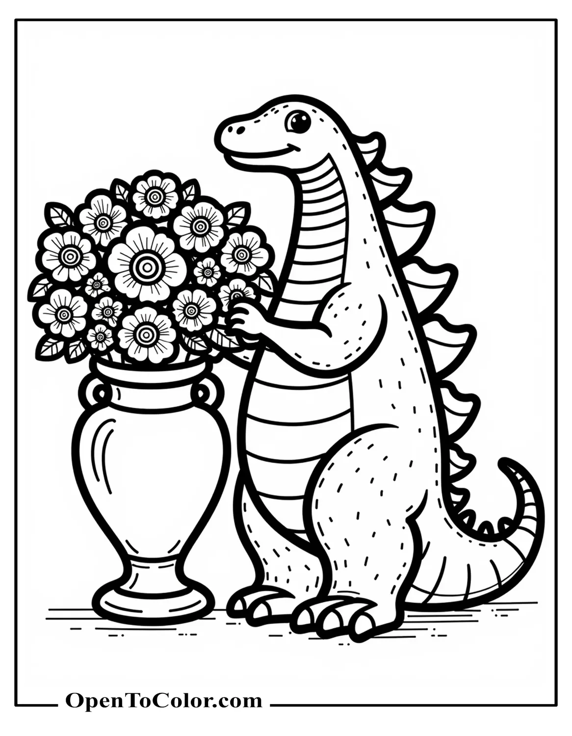 Cartoonish Godzilla Arranging a Flower Bouquet for a Giant Plaza Vase Coloring Page Printable