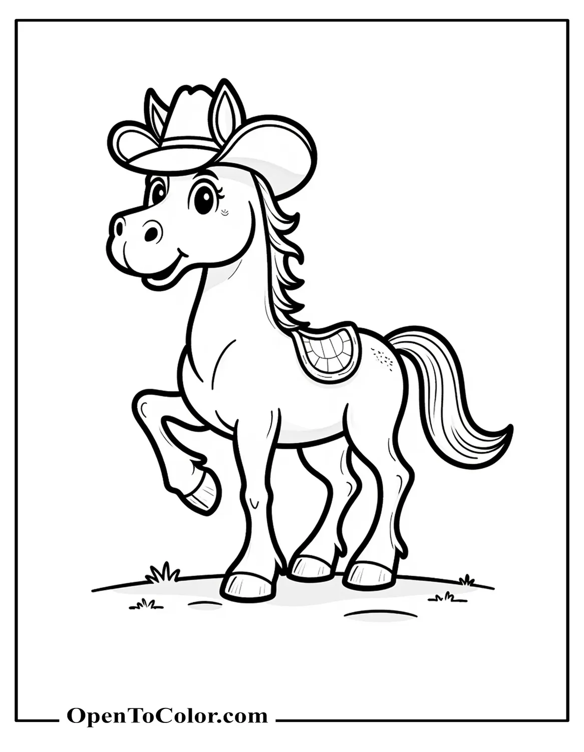 Coloring Sheet PDF of Cartoon Horse Waving Hoof, Wearing Cowboy Hat