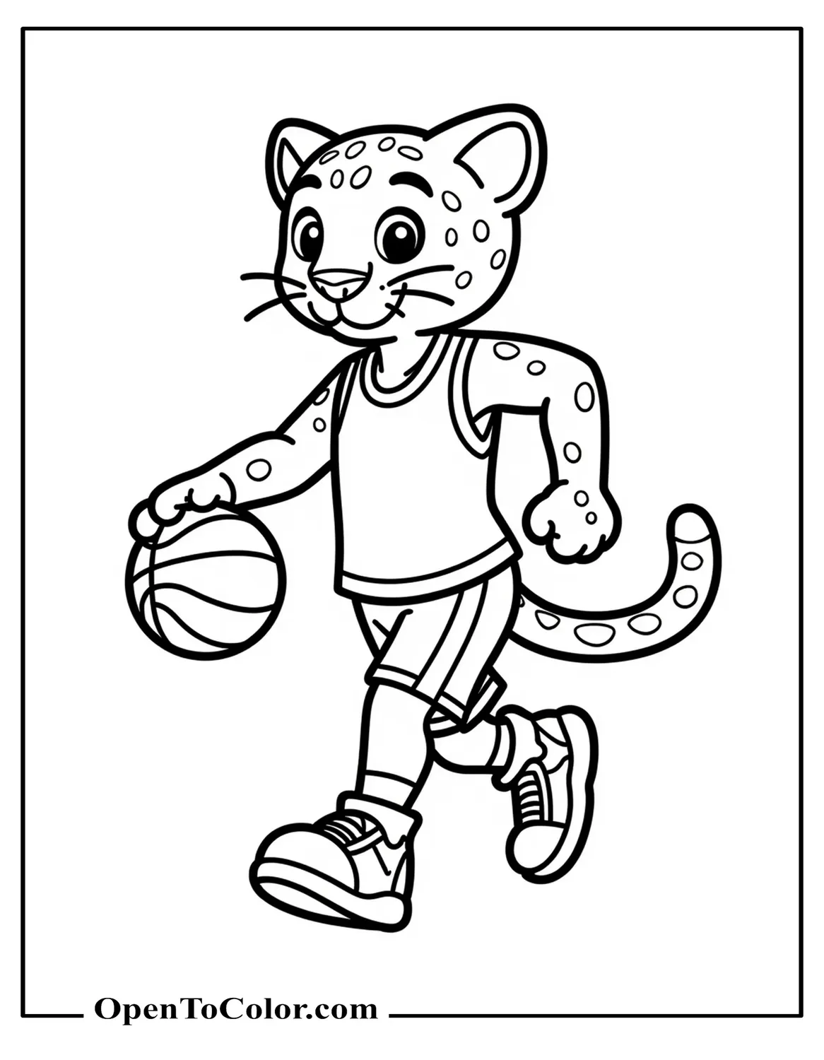 Free Coloring Page of a Cartoon Jaguar in a Basketball Jersey Dribbling a Ball