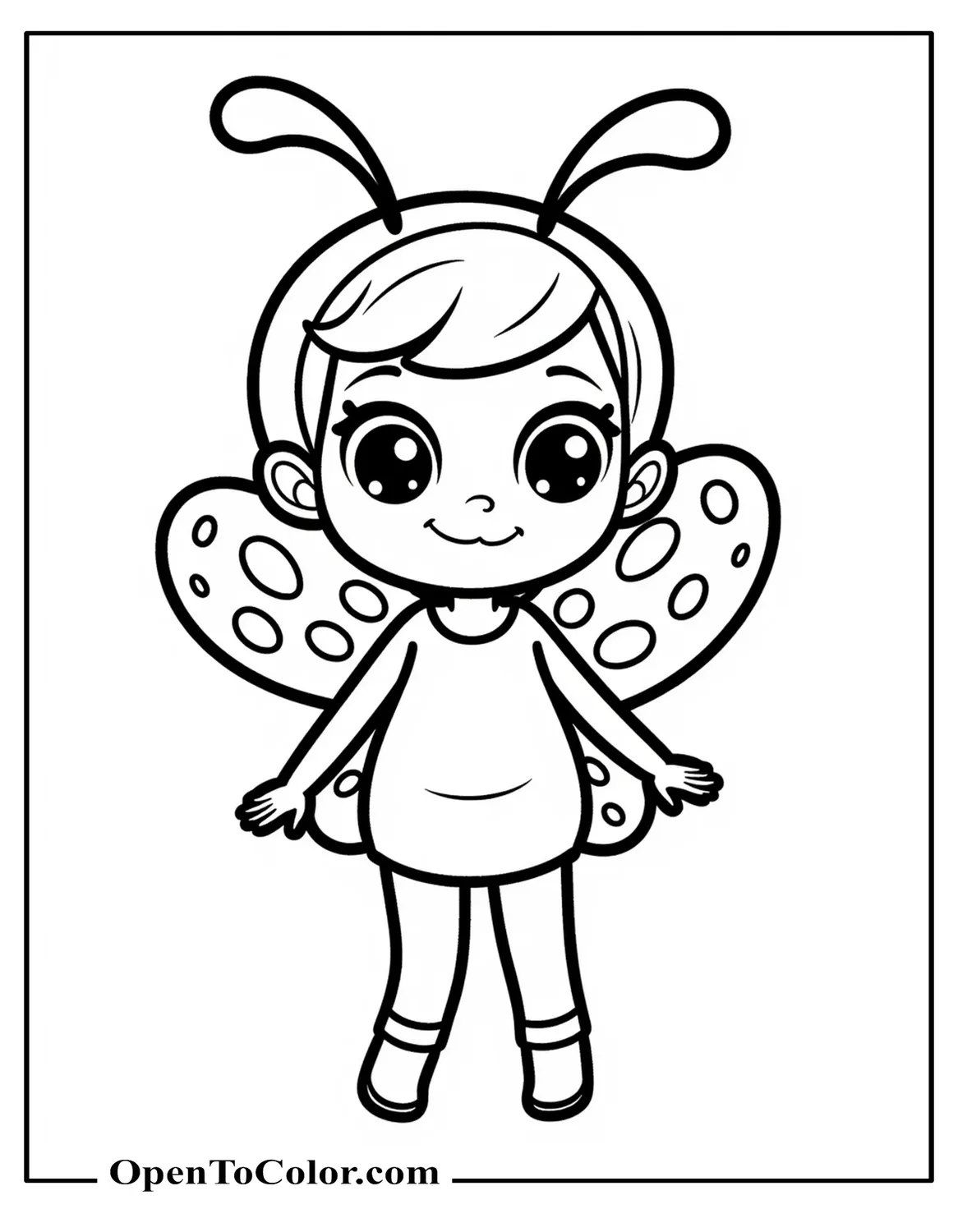 Imaginary Cartoon Character With A Ladybug-Like Spotted Wings Coloring Sheet Printable