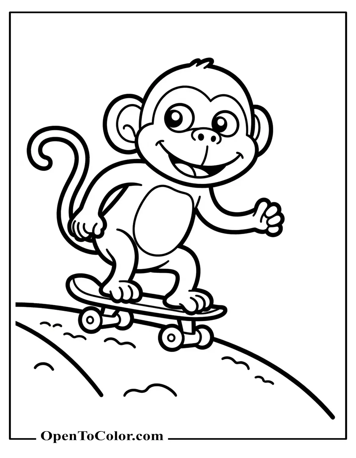 Free Coloring Page of Cartoon Monkey Riding Tiny Skateboard Down Hill