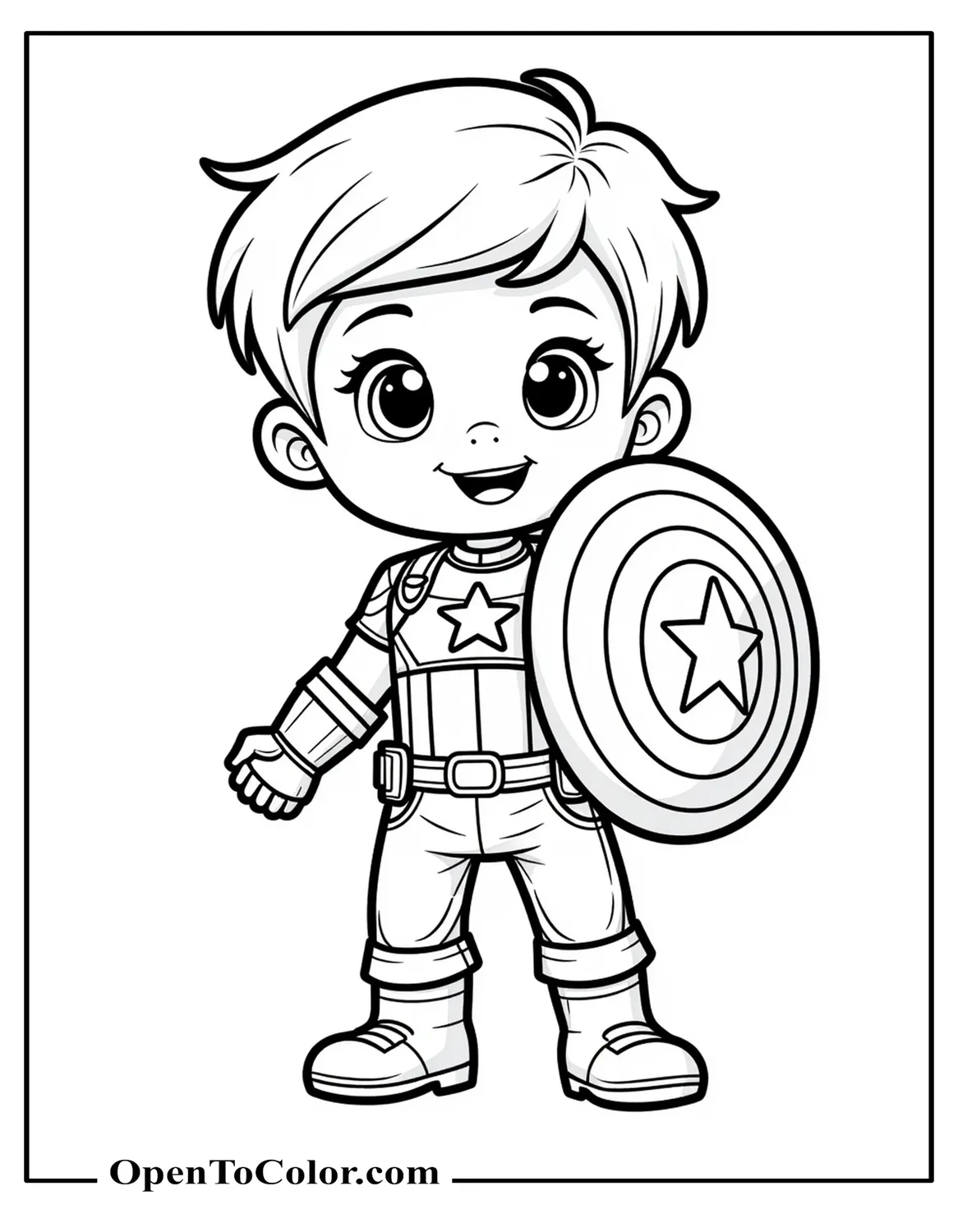 Free Coloring Sheet of a Small Cartoon Boy Dressed as Captain America Proudly Holding a Toy Shield