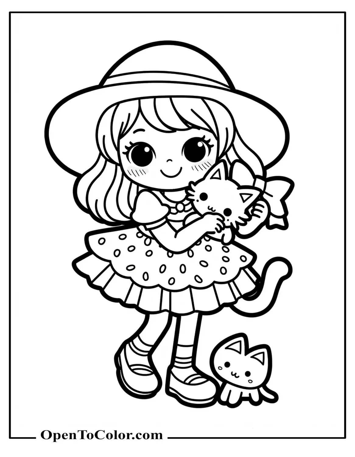 Coloring page PDF of Strawberry Shortcake hugging her cat Custard who carries a tiny ribbon, cartoon style