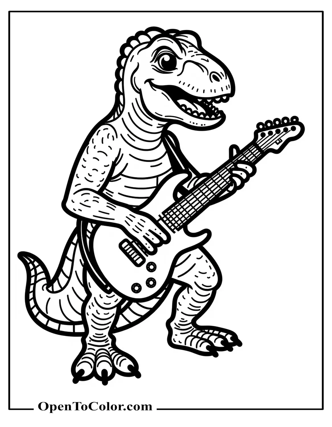 Cartoon T-Rex Playing Electric Guitar Coloring Page Printable