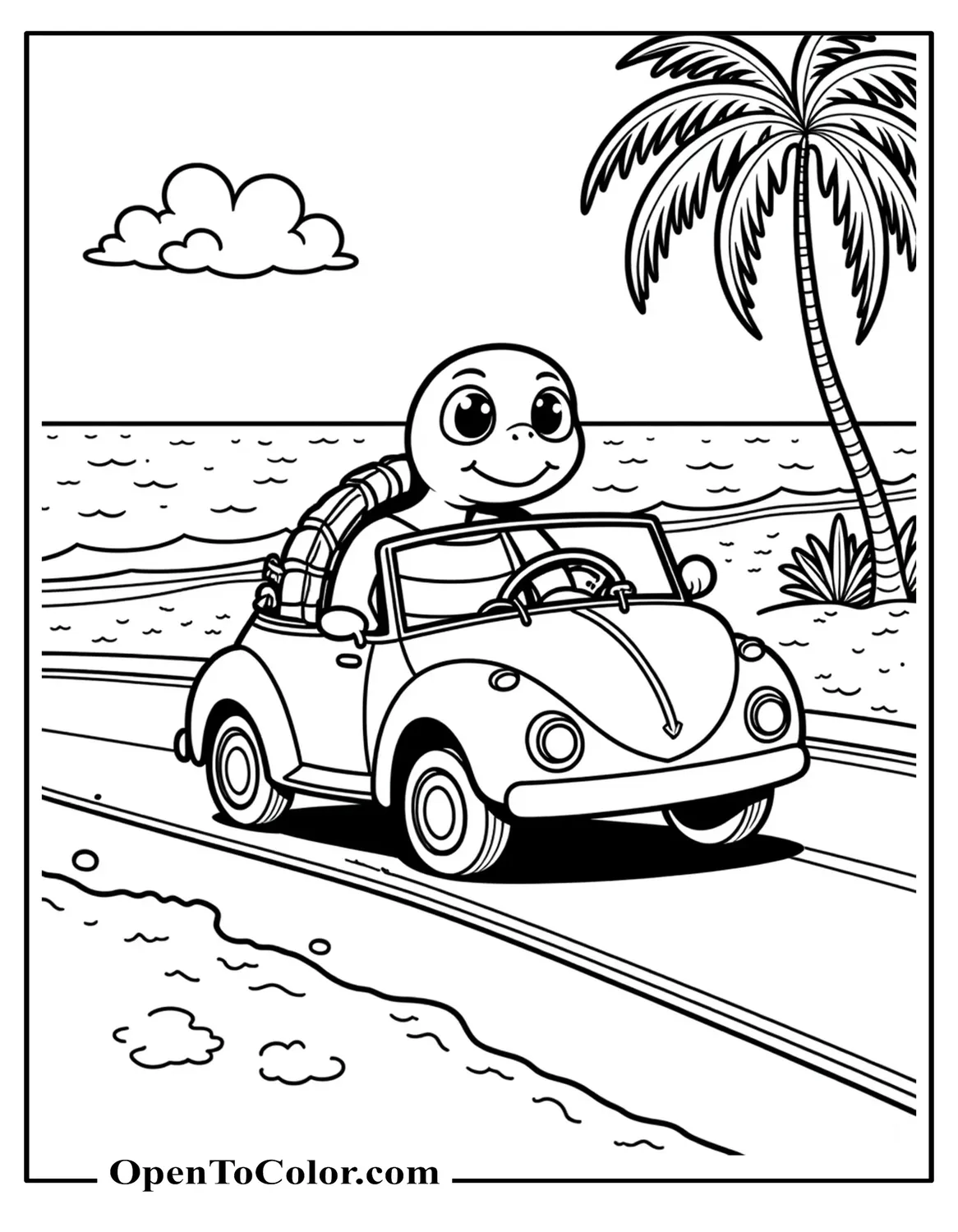 Free Cartoon Turtle Driving A Small Convertible Car Toward The Beach Coloring Sheet