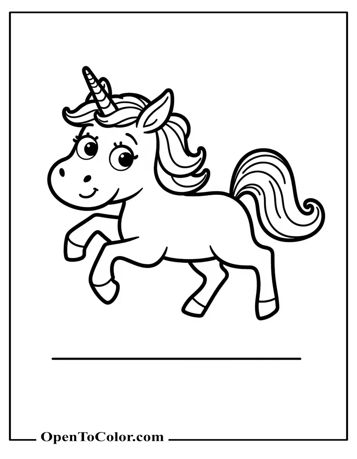 Cartoon-style unicorn jumping with joy, printable coloring sheet.