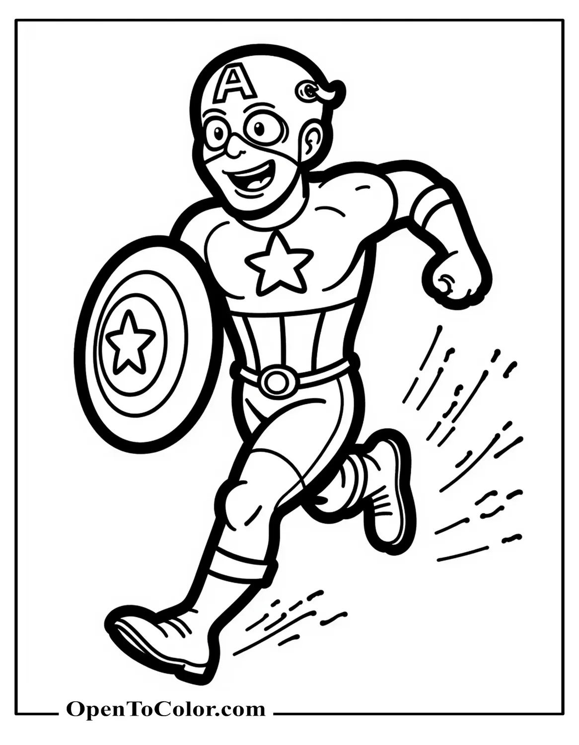 Free Coloring Page of Cartoon Captain America Sprinting with Exaggerated Motion Lines and a Big Grin