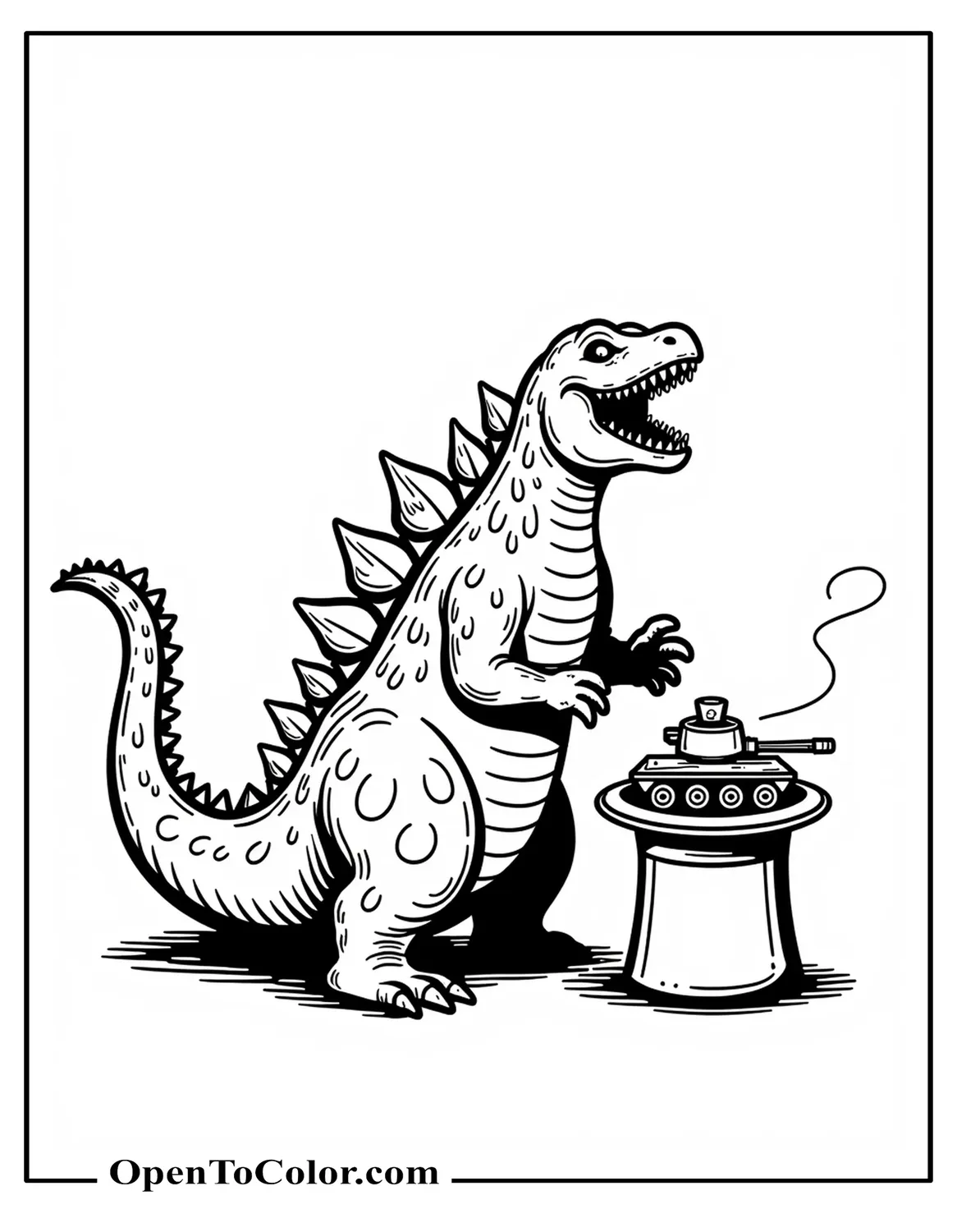 Cartoonish Godzilla Performing A Magic Trick, Pulling A Tank From A Hat, Printable Coloring Sheet