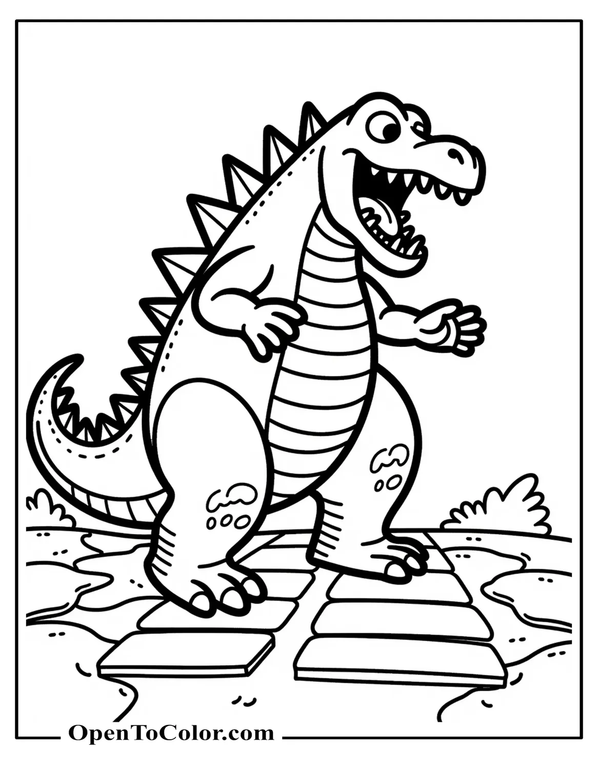 Free Coloring Page of Cartoonish Godzilla Playing Hopscotch Drawn on Broken Pavement