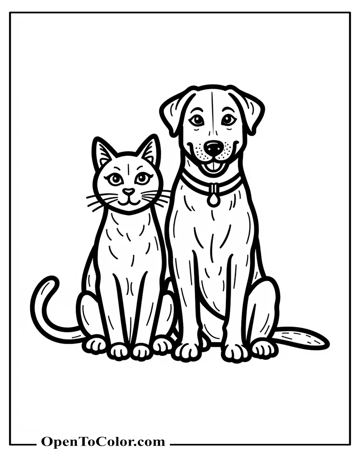 Cat and Dog Sitting Side by Side Wagging Tails Coloring Page PDF