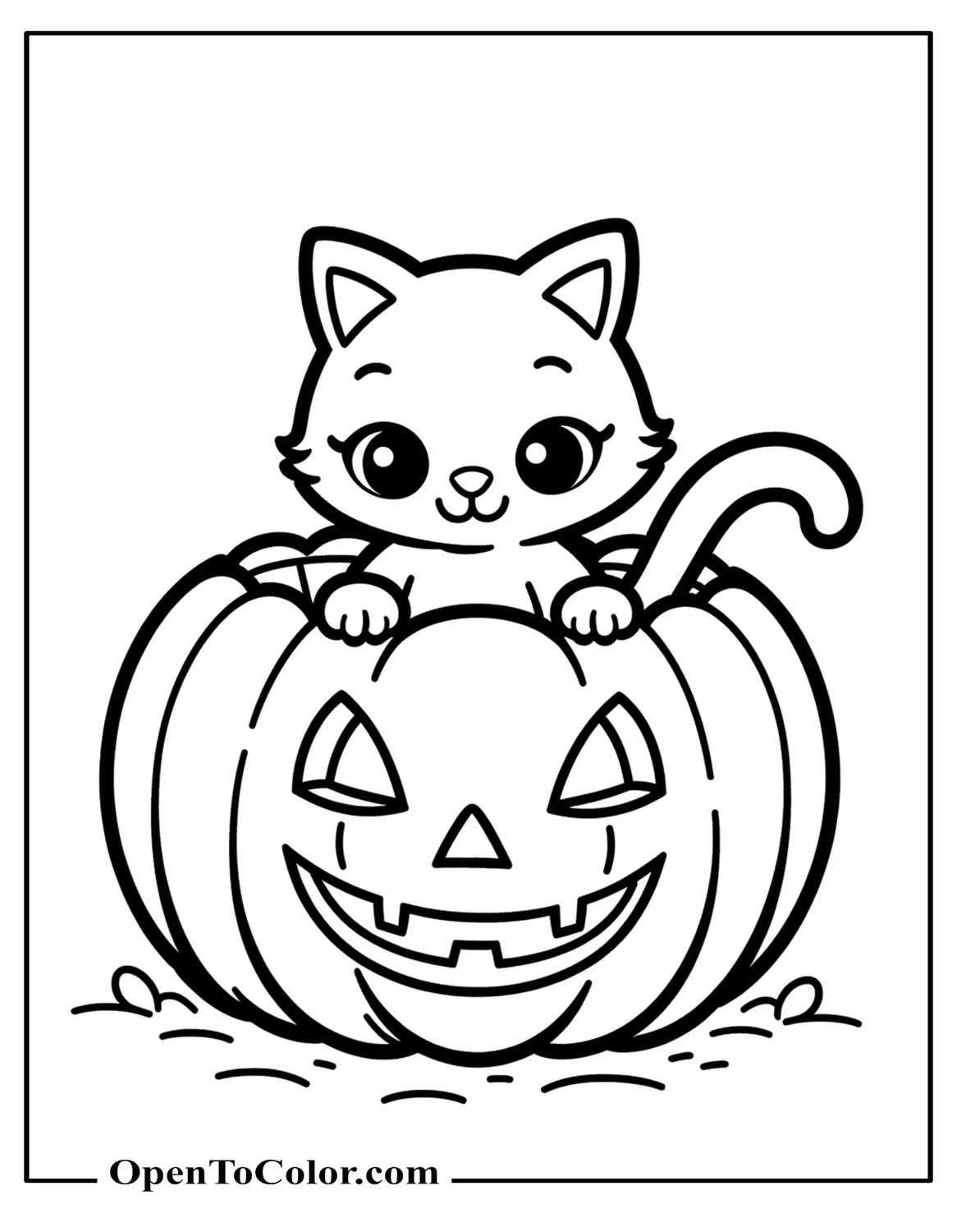 Black cat sitting inside a pumpkin with carved face, printable coloring sheet.