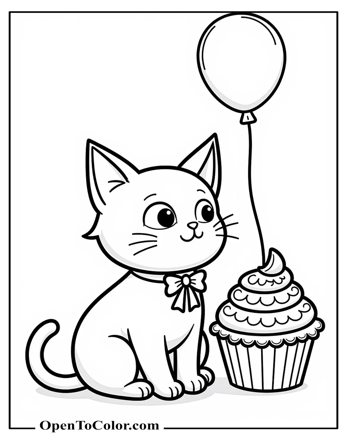 Free coloring page of a cat wearing birthday hat next to cake with candle