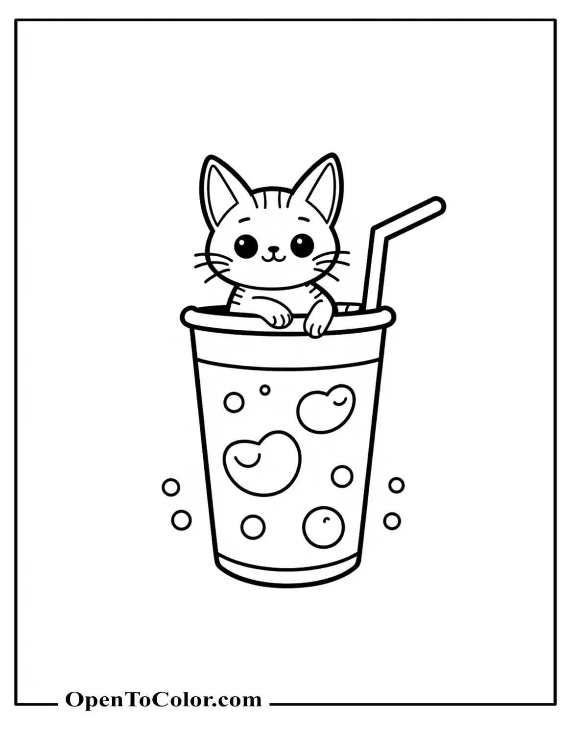 Printable Coloring Sheet of a Cat Sitting in a Bubble Tea Cup with Straw